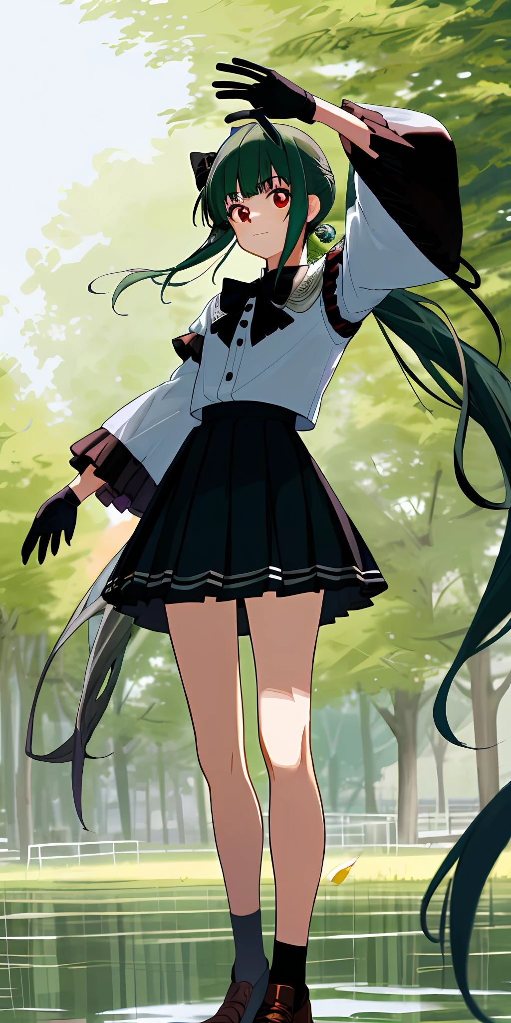 tmasterpiece, Best quality at best, A high resolution, red eyes,dual horsetail ,Clothing cutting, longer sleeves, The shirt, Black bow, Feather ornament, white thighhig, black glove, Black pleated skirt, cowboy photo, standing on your feet, Raised skirt, Black panty, Rinse your nose, Outdoor --aut