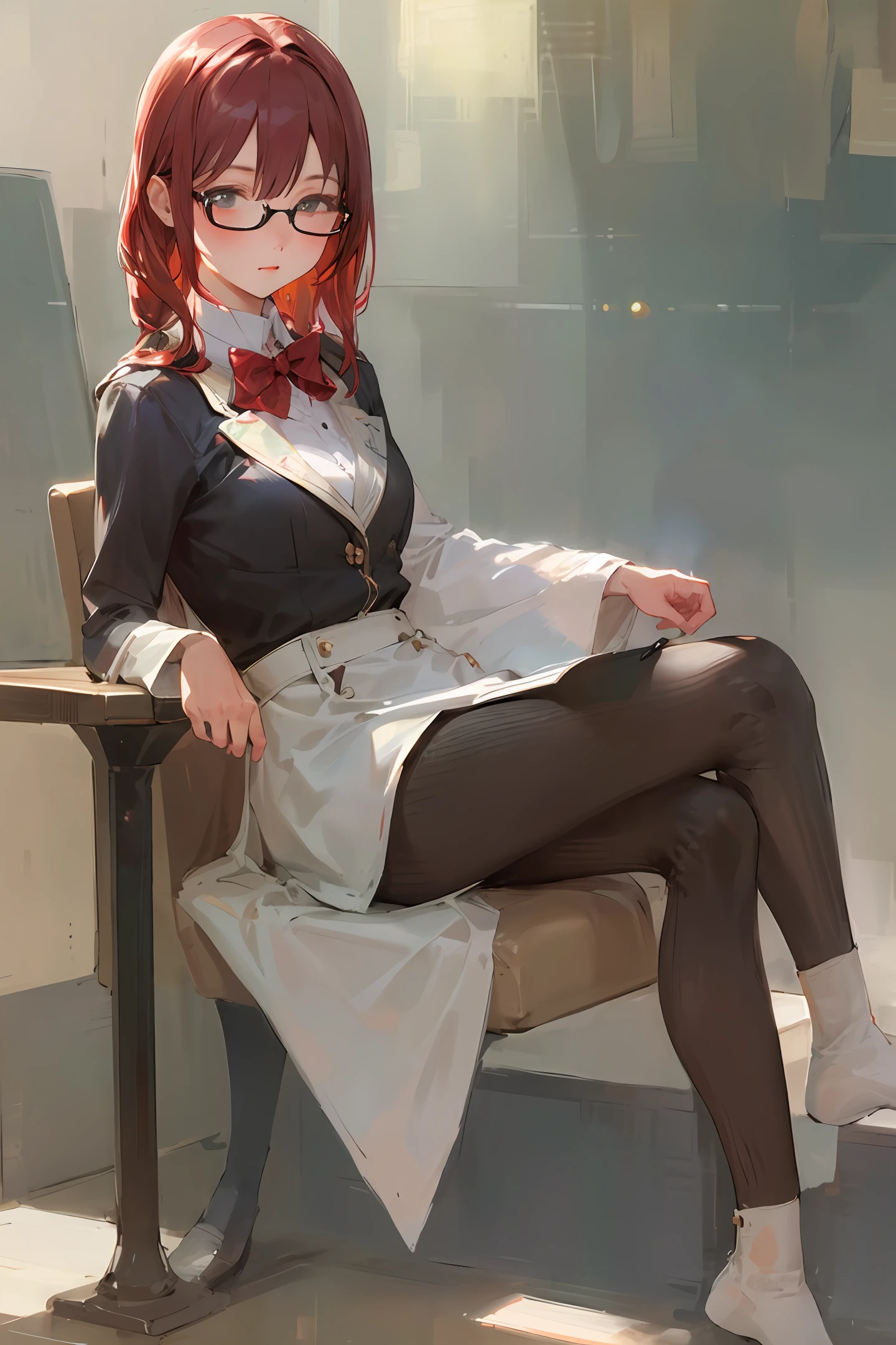 red tinted hair，blue skirts，White coat，Lie down in bed，Black stockings