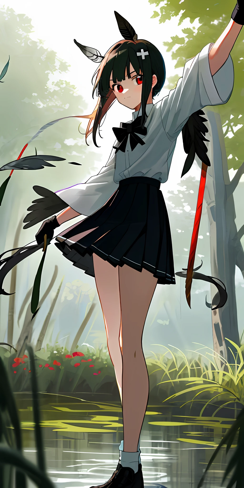 tmasterpiece, Best quality at best, A high resolution, red eyes,dual horsetail ,Clothing cutting, longer sleeves, The shirt, Black bow, Feather ornament, white thighhig, black glove, Black pleated skirt, cowboy photo, standing on your feet, Raised skirt, Black panty, Rinse your nose, Outdoor --aut