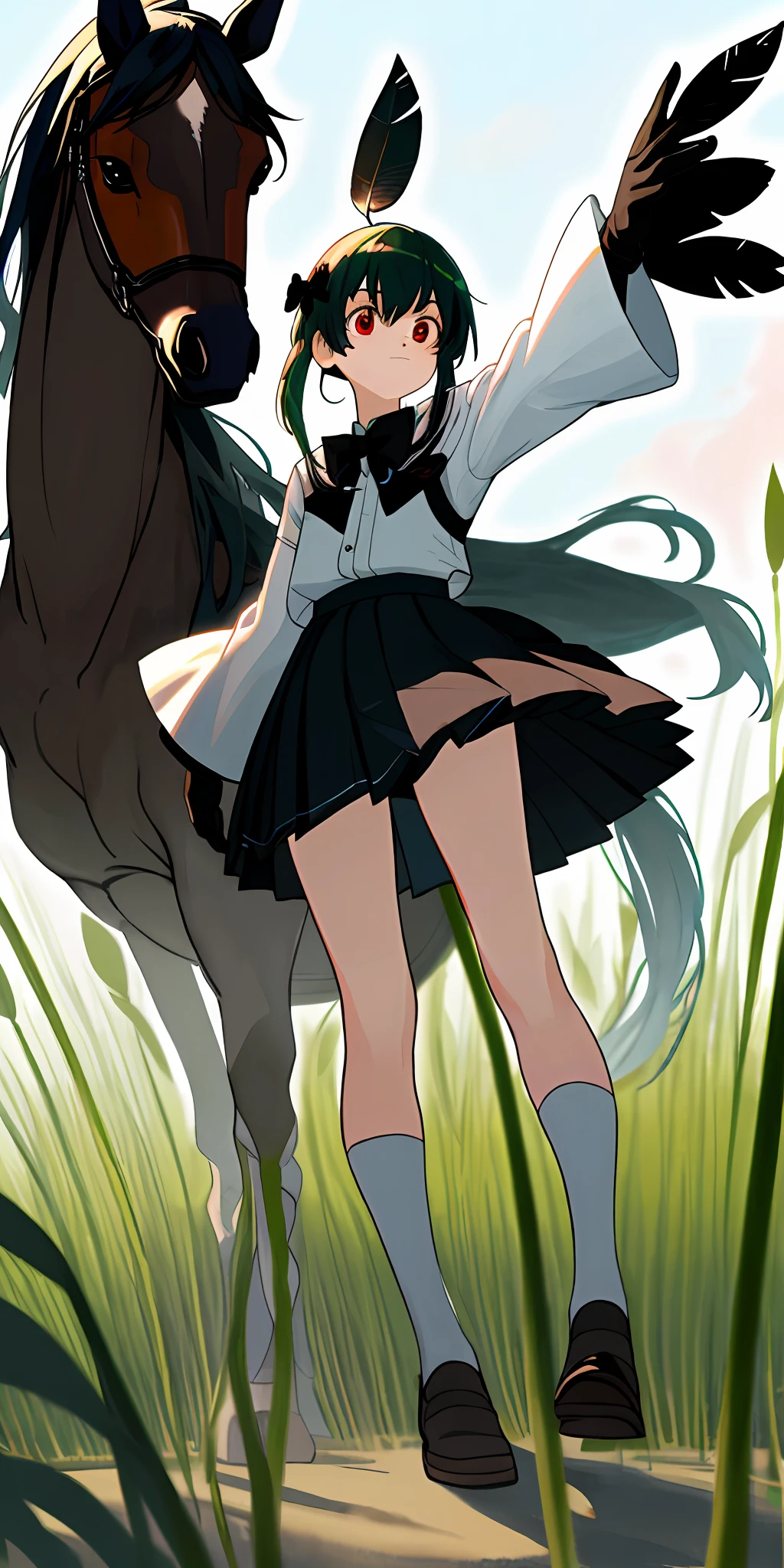 tmasterpiece, Best quality at best, A high resolution, red eyes,dual horsetail ,Clothing cutting, longer sleeves, The shirt, Black bow, Feather ornament, white thighhig, black glove, Black pleated skirt, cowboy photo, standing on your feet, Raised skirt, Black panty, Rinse your nose, Outdoor --aut