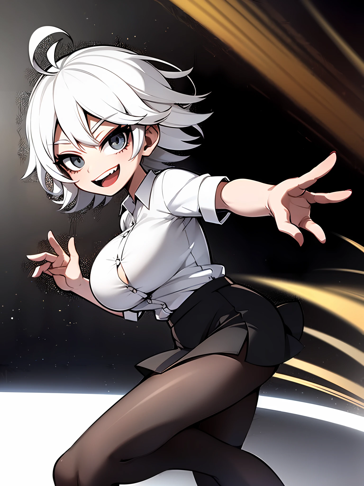 ((masterpiece, best quality)), (1girl), (solo), (female focus), (ahoge, white hair, short hair), black eyes, light smile, open mouth, ((white shirt), (buttoned shirt ), (Button gaps)), ((blackdress), (short  skirt)), standing on your feet, White background, Behind your arms, dynamic angle，The kinky is exposed，huge tit