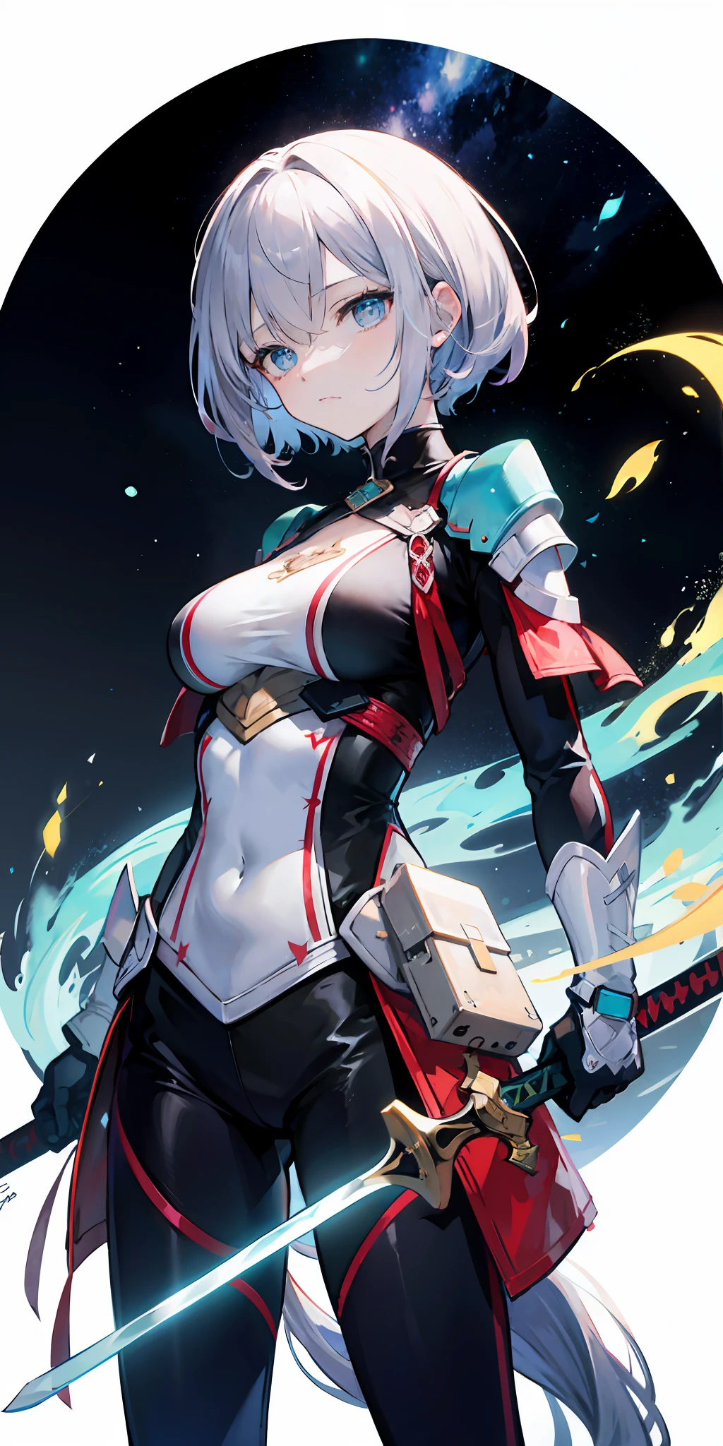 The upper part of the body，1girll，whaite hair，horse tailed，Blue eyes，white straitjacket，short sword，middlebreast，Wallpapers，night sky background，light particules，Green fire，