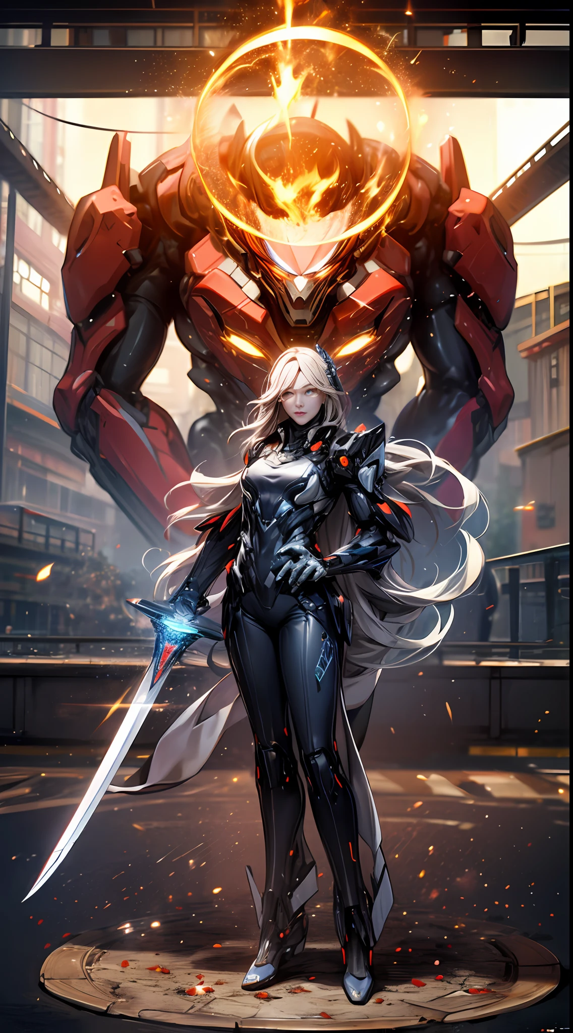 The largest mech，Sparkling platinum mech，Mighty and domineering，（Full body photo of the face：1.3），Blue glowing eyes，Complex and elaborate head，Precision and beautiful，（Hold the flame sword in both hands, Pierce the ground：1.3），Emits a red particle effect，Ultra photo realsisim，super-fine，Cinematic texture，8K,超高分辨率，Premium wallpapers