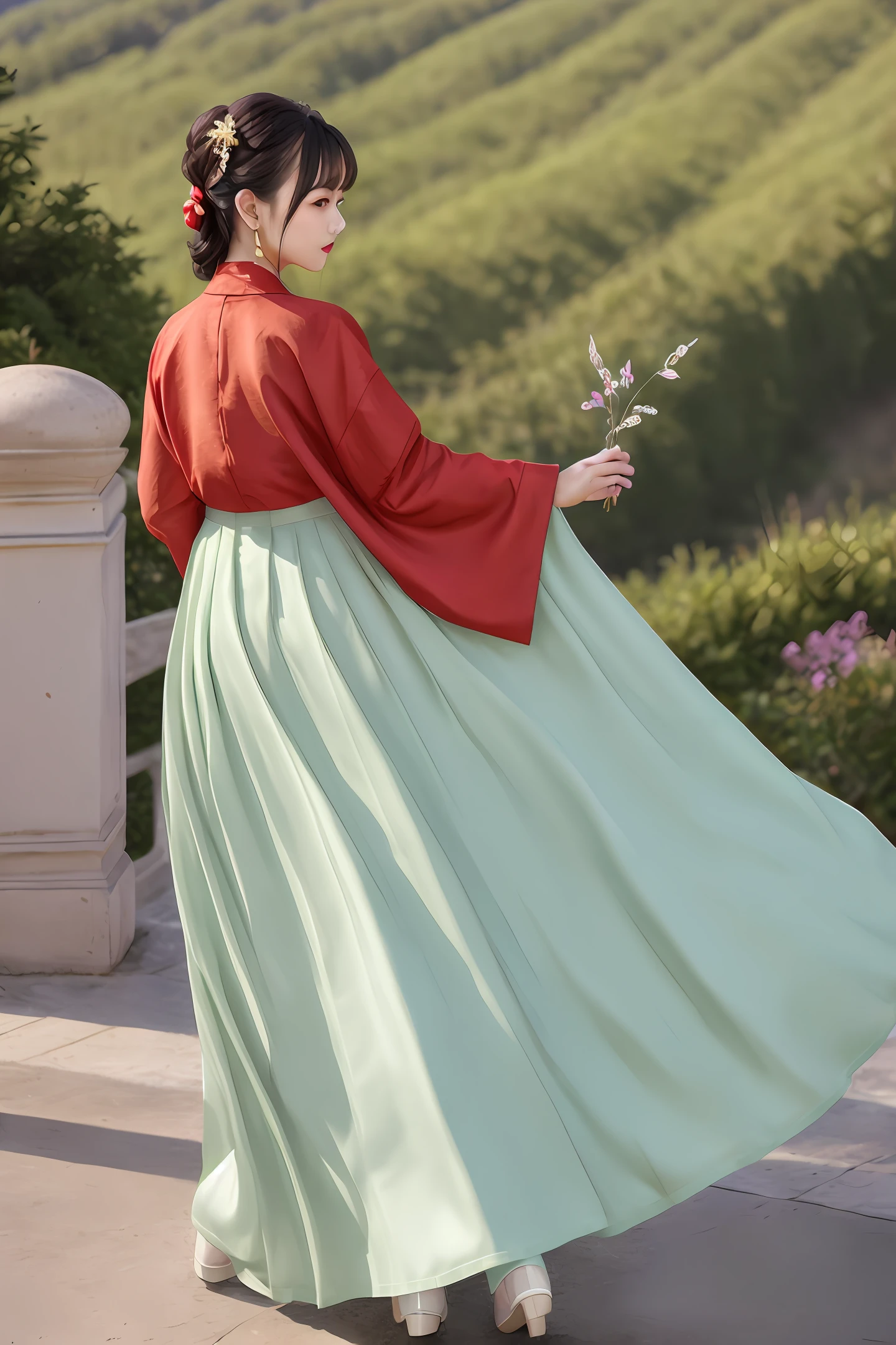 Bigchest,Beautuful Women,orient,coordination,Blurred,outside,scenic view,Long legs,Fairy air fluttering