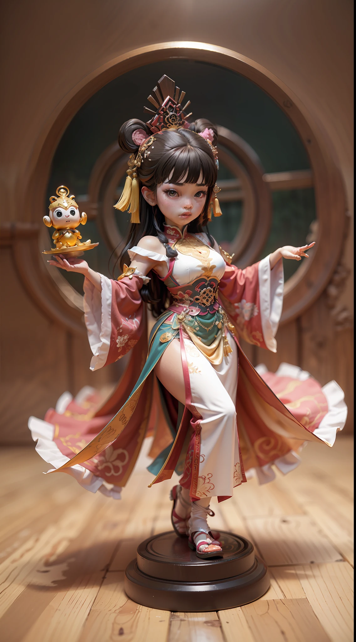 Q version of cute beautiful girl，Dumb cute，（（2 head body）），Dance，（Big eyes），Small mouth，（（（cabelos preto e longos））），A ball head，looking at me，（Chinese-style clothing，Meticulous portrayal），Palm dancer Zhao Feiyan，A small pet，Figures，blindbox，（（Colloidal material，crystal-clear，Good light transmission）），（Disney style），high qulity，high detal，（super-fine），16K resolution，（Macro lens），（（Works of masters）），（（Full body like）），（with a simple background，monotone），pink lighting，（Thick base，Graphical model basics），（Ray traching），（（In pink, White and silver predominate））