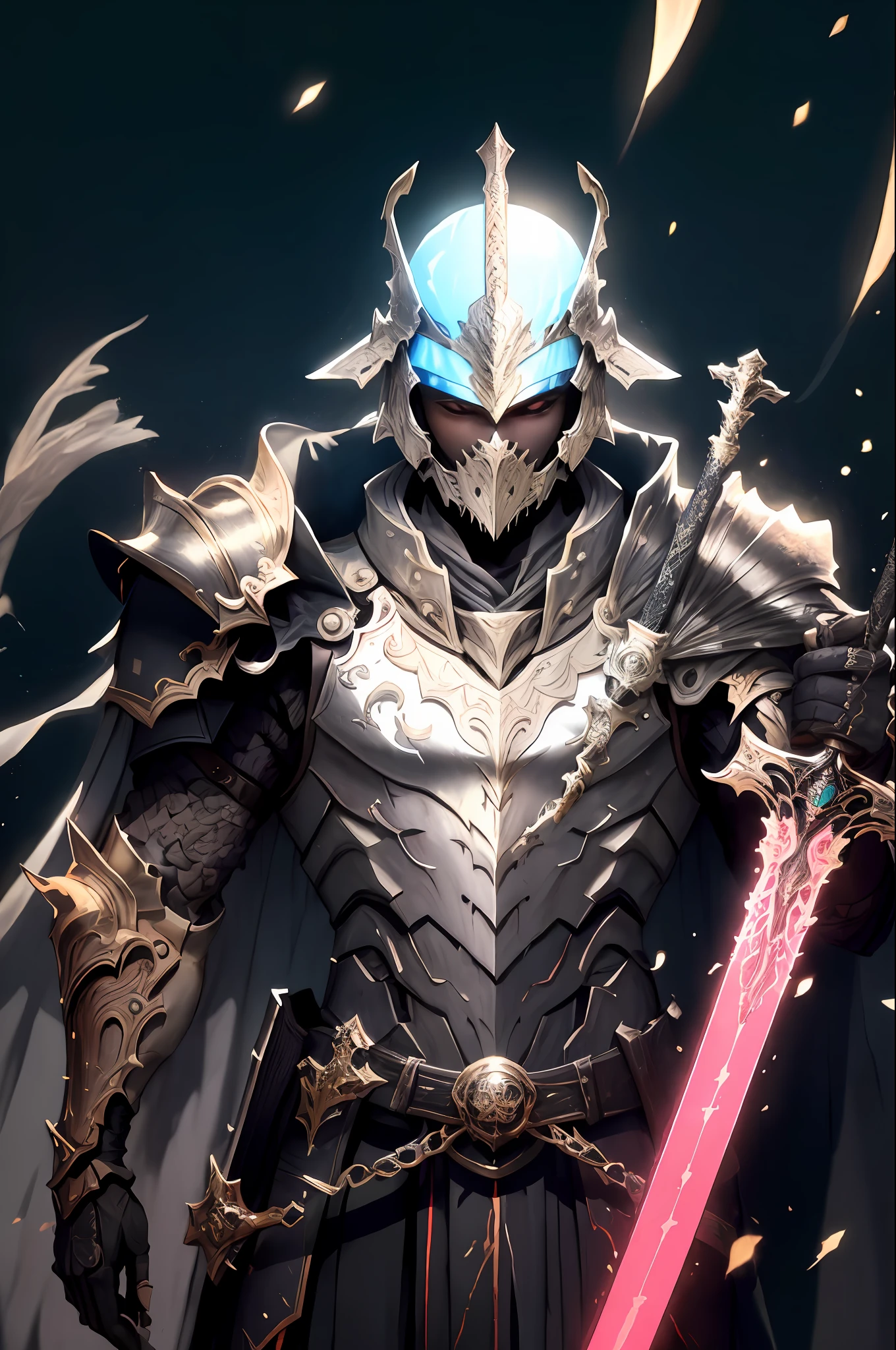 CGDivine Sword， armour， arma， 独奏， 1boys， malefocus， The sword， Shoulder helmet， halter， shelmet， with light glowing， holding a weapon， Take a sword，take gun ，sedan chair， chest plate， mitts， fully armoured， cloaks， Black armor， glowing weapon，  epic glow，Colorful background