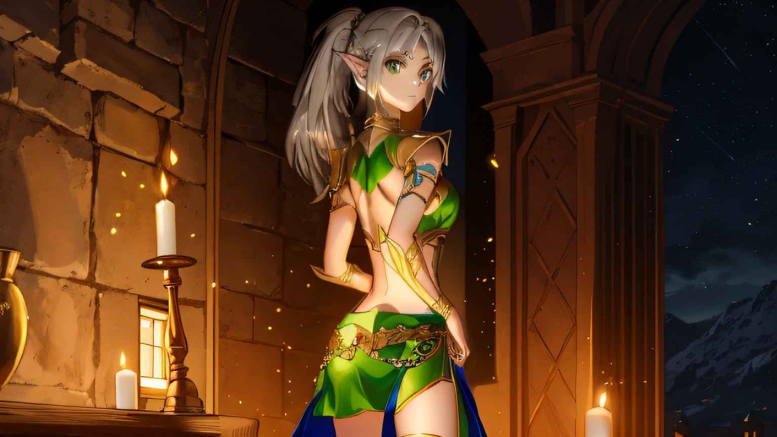 A beautiful elf,She has a brown ponytail,Wearing silver armor,Bare arms,showing belly,green skirt,Bare thighs,In a medieval hotel,Night outside the window,waxy candles,