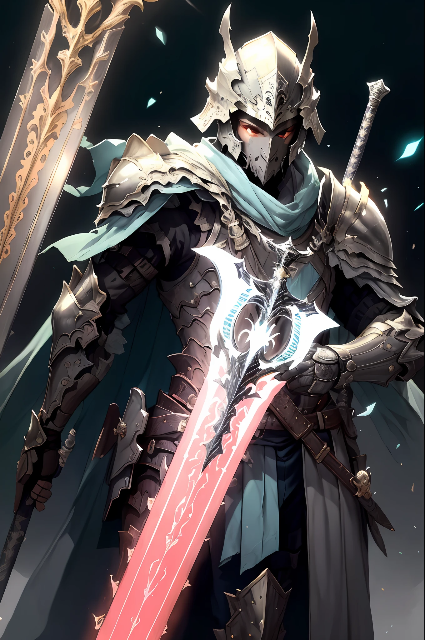 CGDivine Sword, armour, arma, 独奏, 1boys, malefocus, The sword, Shoulder helmet, halter, shelmet, with light glowing, holding a weapon, Take a sword,take gun ,sedan chair, chest plate, mitts, fully armoured, cloaks, Black armor, glowing weapon, epic glow,Colorful background