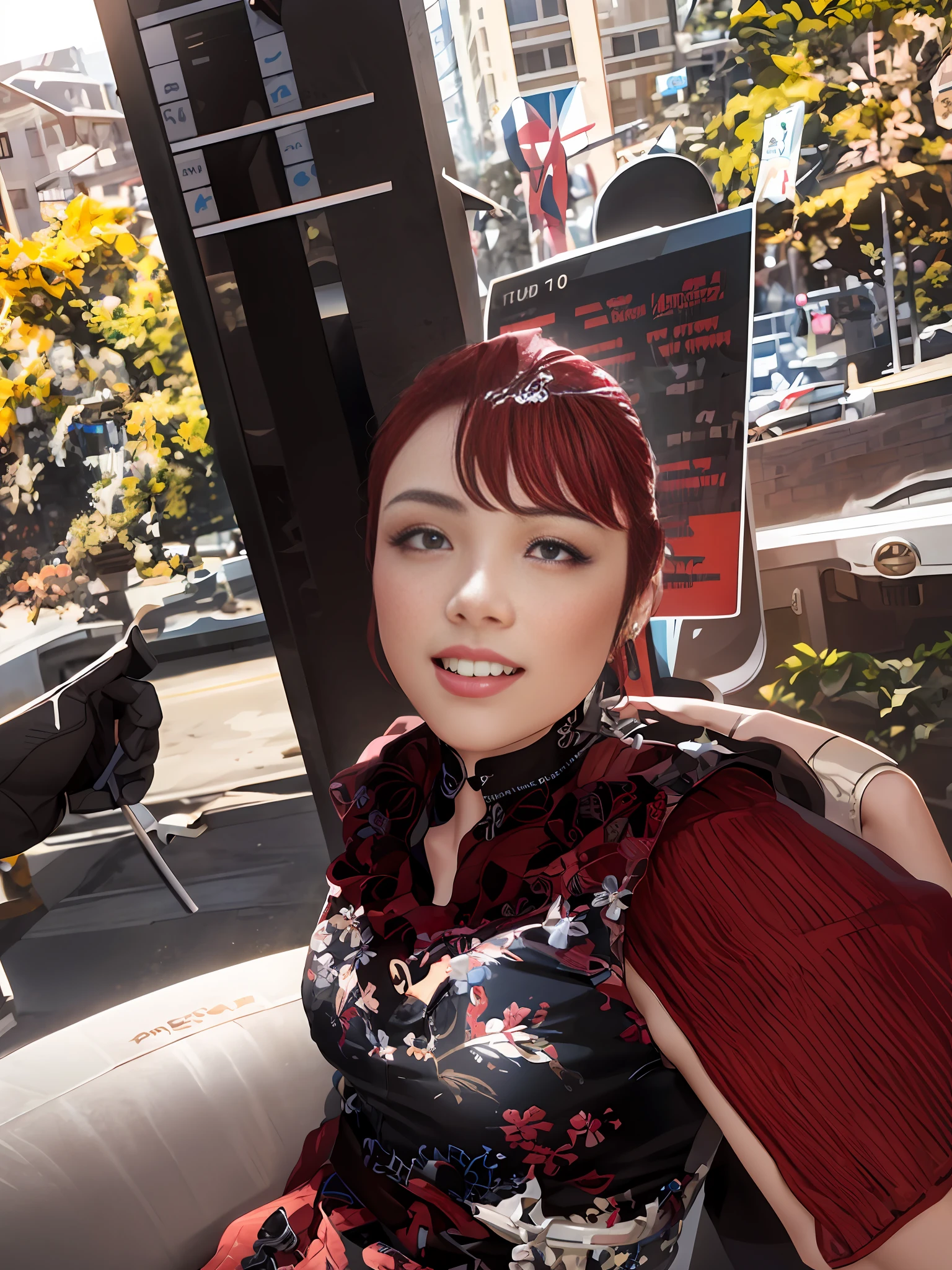 best quality,game cg,1girl, masterpiece, best quality, 8k, detailed skin texture, detailed cloth texture, beautiful detailed face, intricate details, ultra detailed, audrey hepburn, Spider-Man uniform, straight red hair, (Half body:1.2)