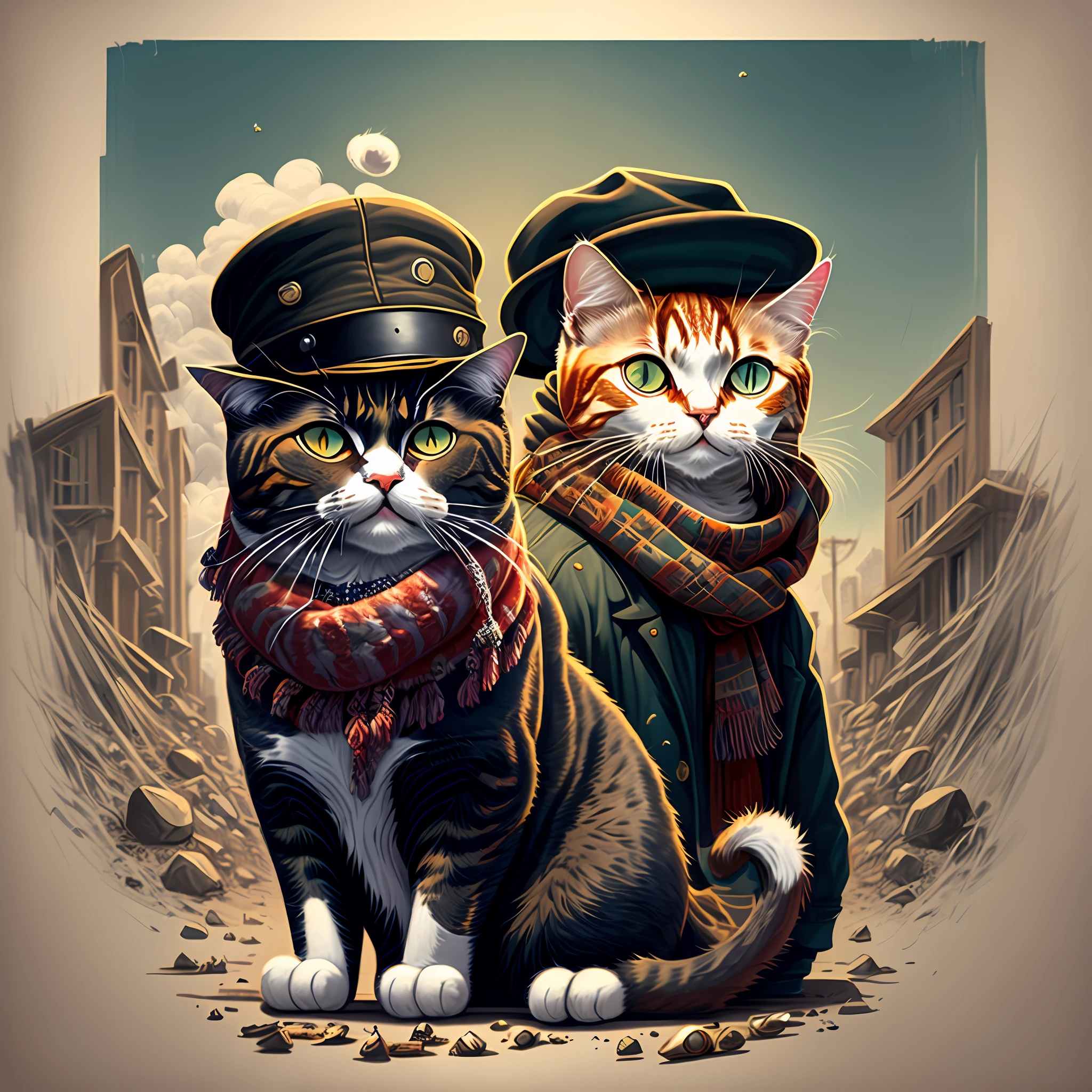 Drawing of a cat wearing a hat and scarf, art station trend, wearing punk clothing, detailed surreal rendering, british gang member, street style, intimidating pose, planet of cats, fashion clothing, urban samurai , meow, West Slavic traits, 8 1 5 --auto