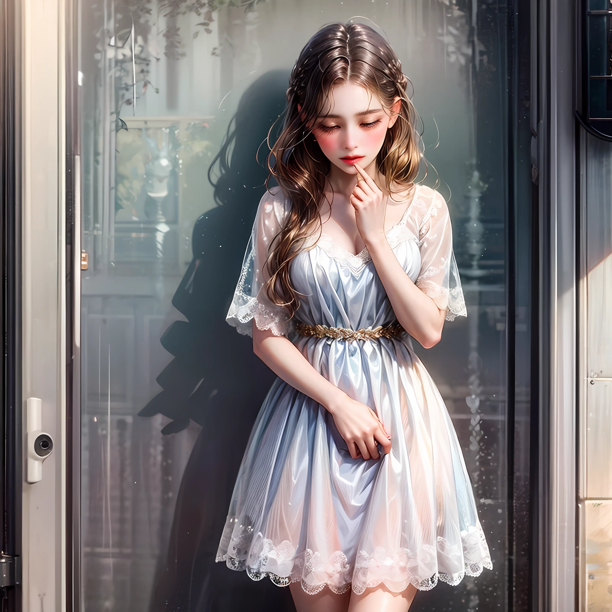 1girl with long hair and dress, 1 girl is taking to lavatory, looking away, standing, embarrassed, blush, Keep one's mouth shut, street (girl is peeing self:0.4) --auto
