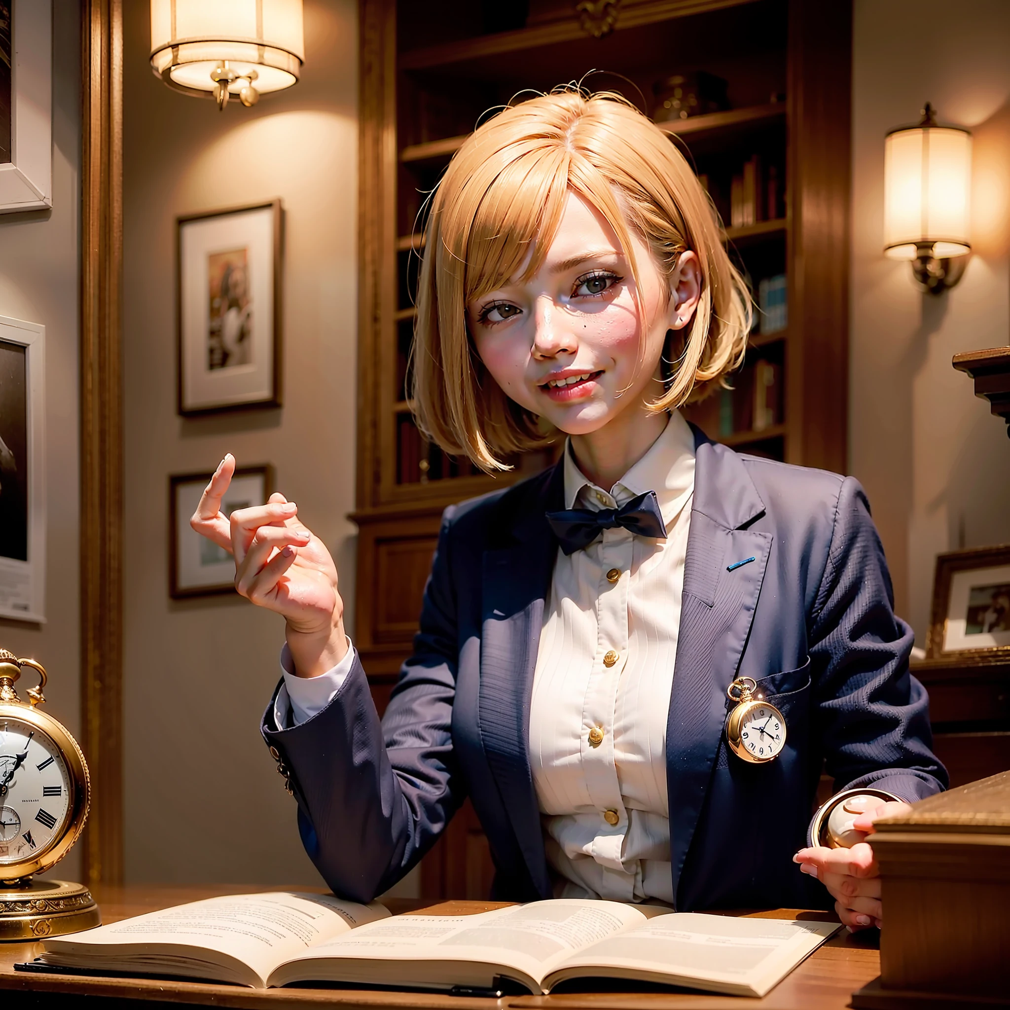 Raw photo,top-quality,masutepiece,Perfect human body structure,Age unknown,a beauty girl,HDR 1000,8k picture,Mystical clothing,Countless clocks in the background,Planktonic,The person himself has、pocket watch,White space,res,Laugh invincibly,Poisonous smile