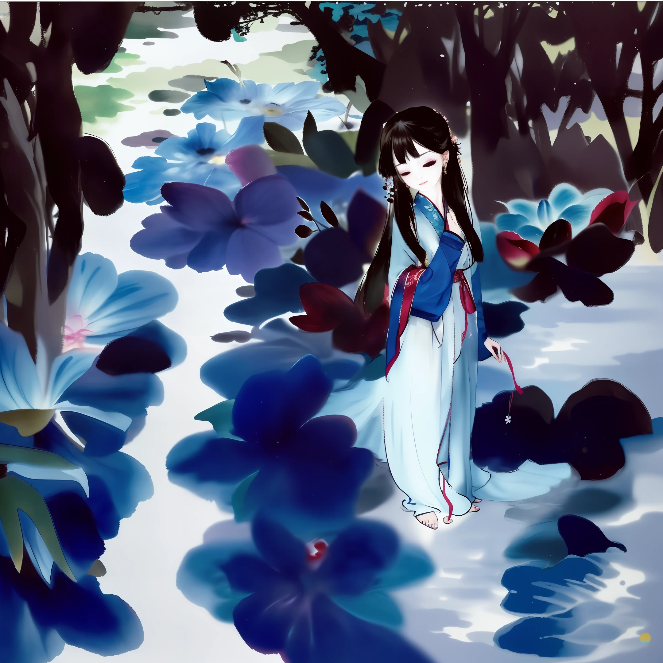 ((4k,masterpiece,best quality)), shuimobysim, Traditional chinese painting, lotuses, Hanfu, maxiskit, Dress conservatively 1girl, solo, blue long hair, ssmile, standing on your feet, Feet in the water, The barefoot,a color