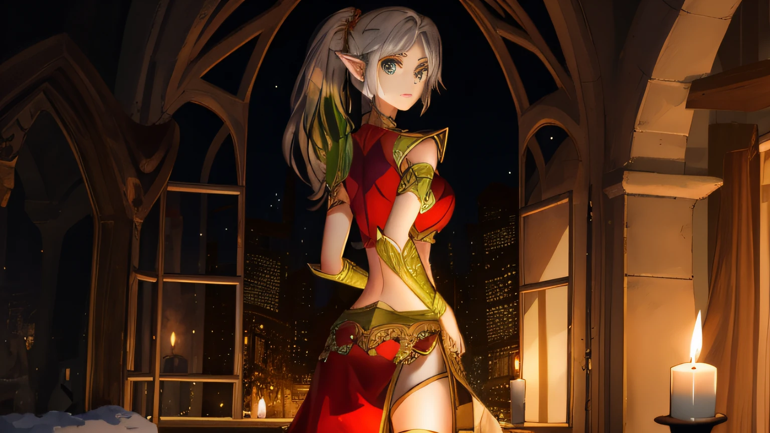 A beautiful elf，She has a brown ponytail，Wearing silver armor，Bare arms，showing belly，green skirt，Bare thighs，In a medieval hotel，Night outside the window，waxy candles，