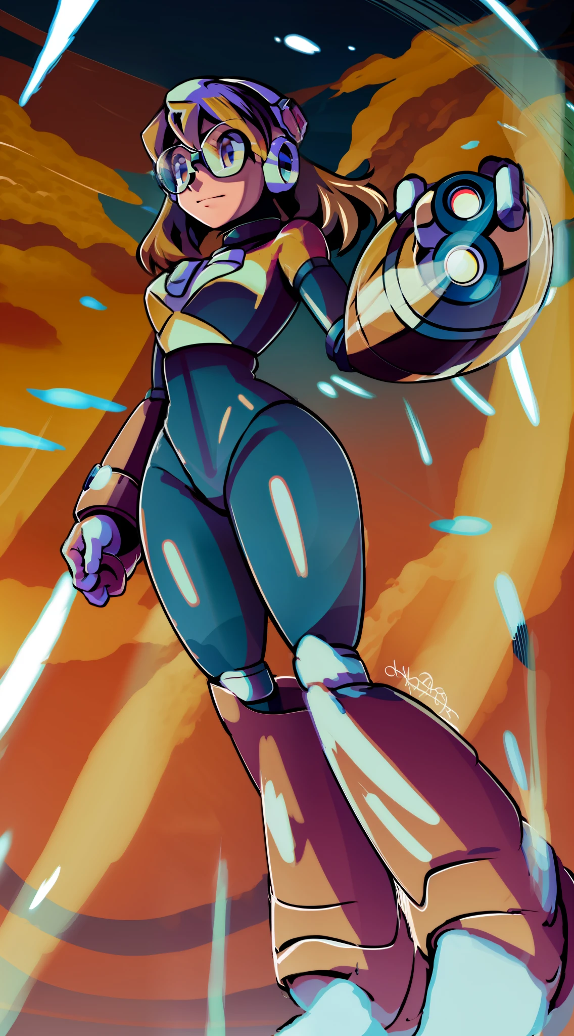 1Girl, Heavily armored, cybernetic heavy armor glasses, arm gloves, knee-height skirt, heavy cybernetic boots, heavy cybernetic arms, heavy cybernetic torso, waist belt, eyes underneath glasses, megamanX heavy armor, bulky megamanX armor, reploid armor, Pokemon_May Face, Brown Hair, Armored cone dress, Extremely Heavy body armor