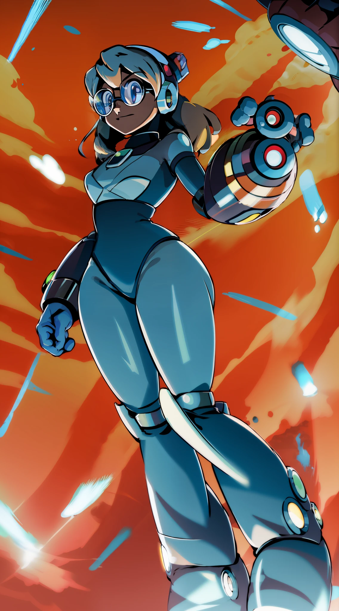 1Girl, Heavily armored, cybernetic heavy armor glasses, arm gloves, knee-height skirt, heavy cybernetic boots, heavy cybernetic arms, heavy cybernetic torso, waist belt, eyes underneath glasses, megamanX heavy armor, bulky megamanX armor, reploid armor, Pokemon_May Face, Brown Hair, Armored cone dress, Extremely Heavy body armor
