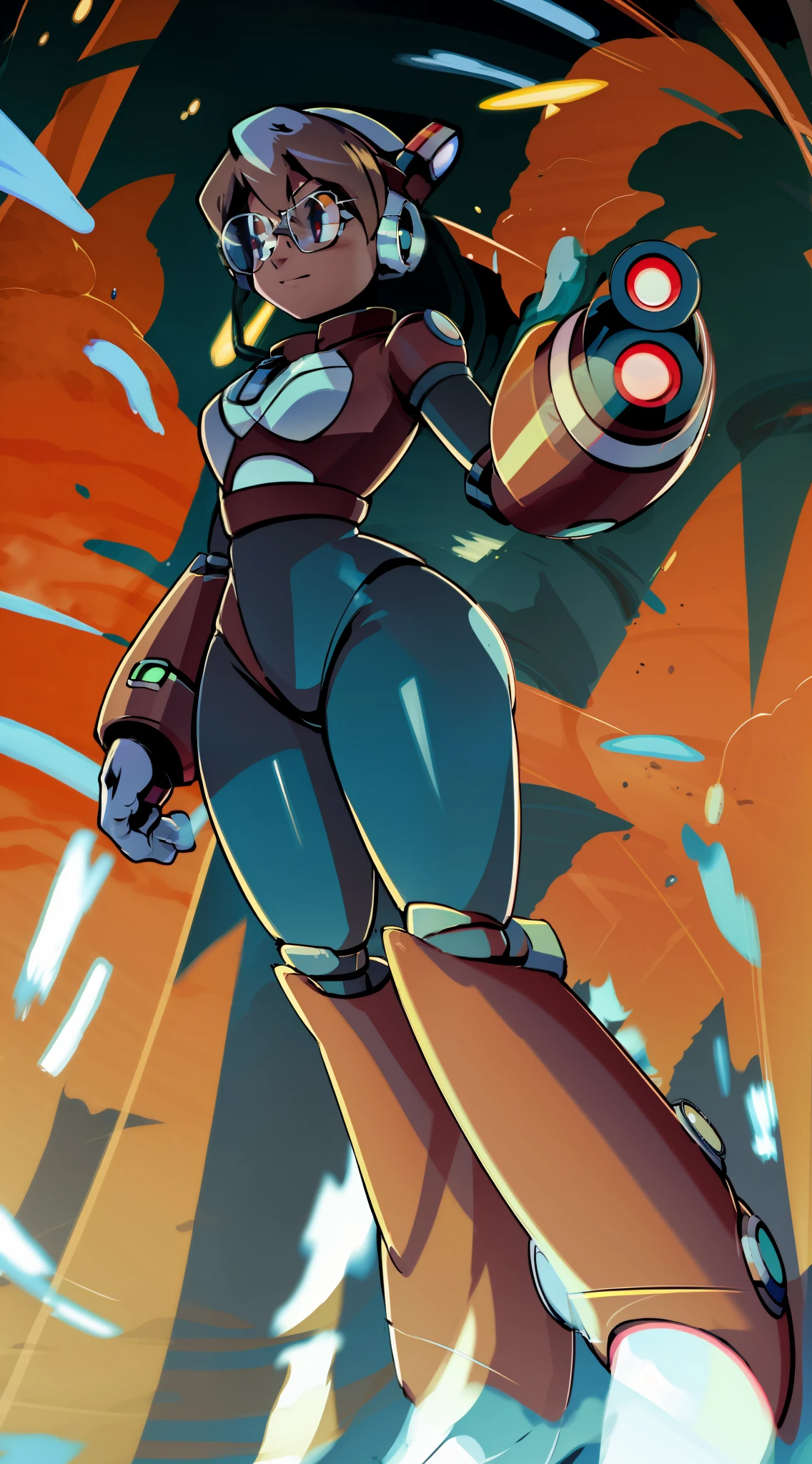 1Girl, Heavily armored, cybernetic heavy armor glasses, arm gloves, knee-height skirt, heavy cybernetic boots, heavy cybernetic arms, heavy cybernetic torso, waist belt, eyes underneath glasses, megamanX heavy armor, bulky megamanX armor, reploid armor, Pokemon_May Face, Brown Hair, Armored cone dress, Extremely Heavy body armor