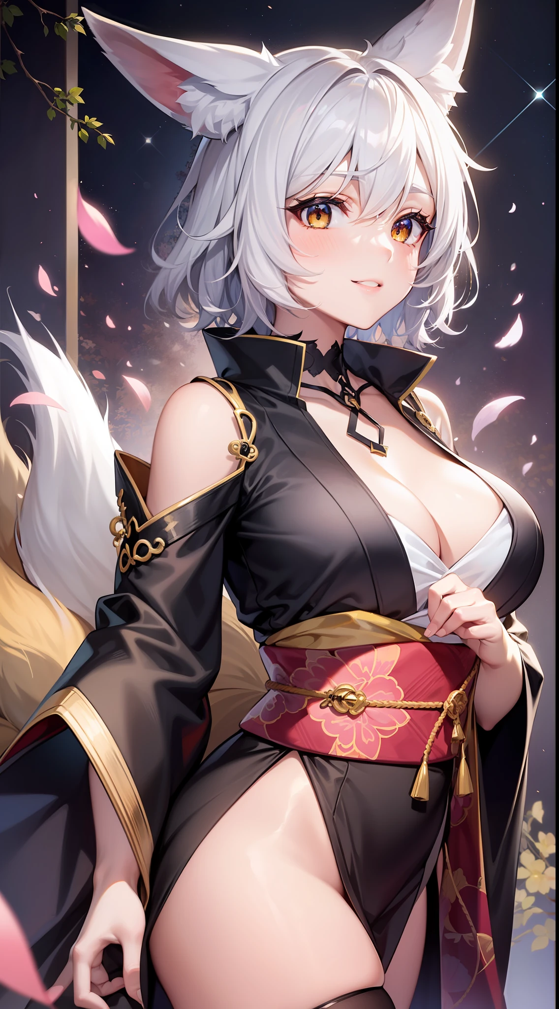 Adult woman, short white hair, Fox ears, Fox tails, golden eyes, black whites of the eyes, kimono, ssmile, Masterpiece, hiquality