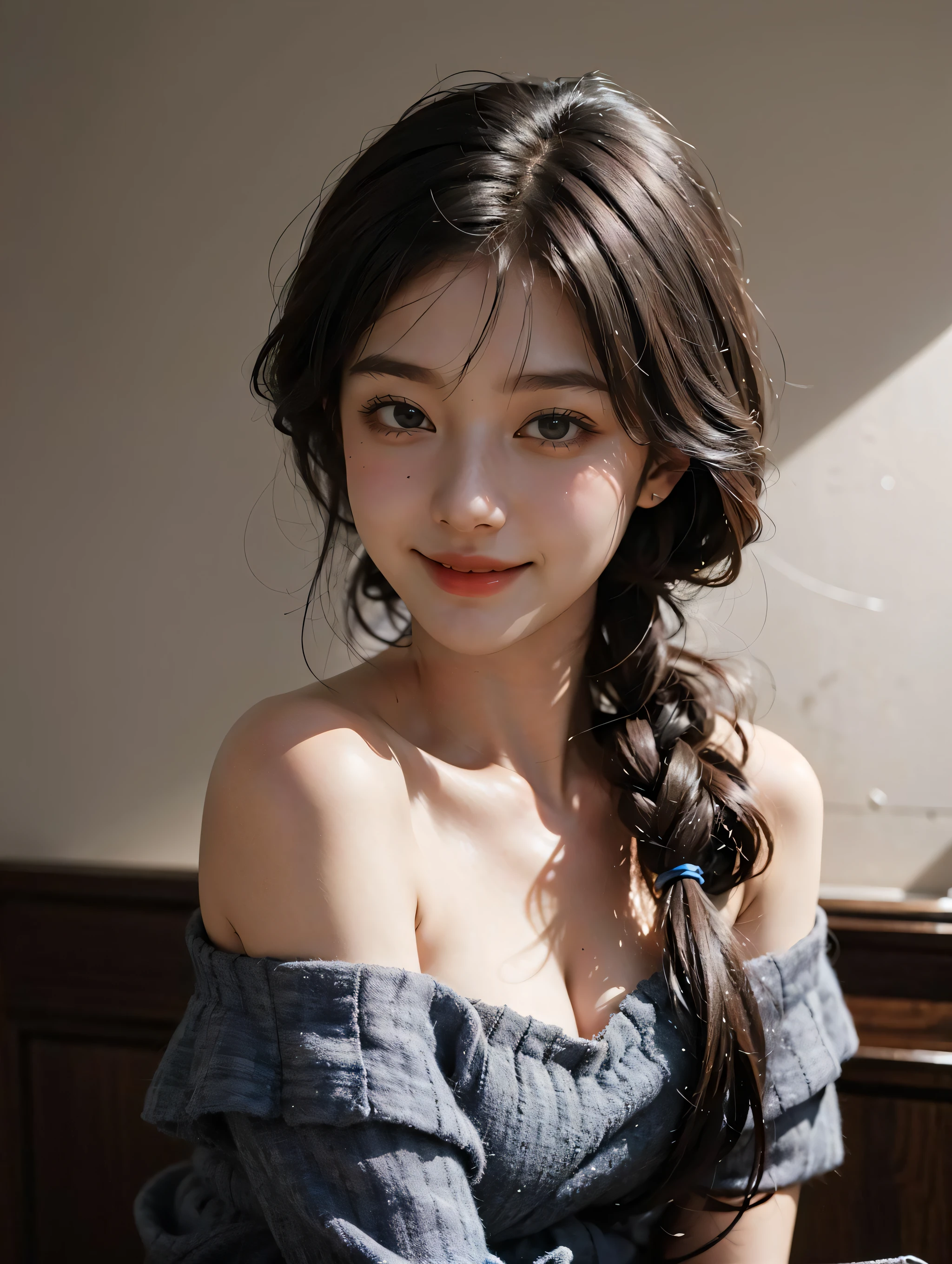 1girl, offshoulder, smile, cute, waist up, deep shadow, in the dark, low key
best quality, masterpiece, (photorealistic:1.4)