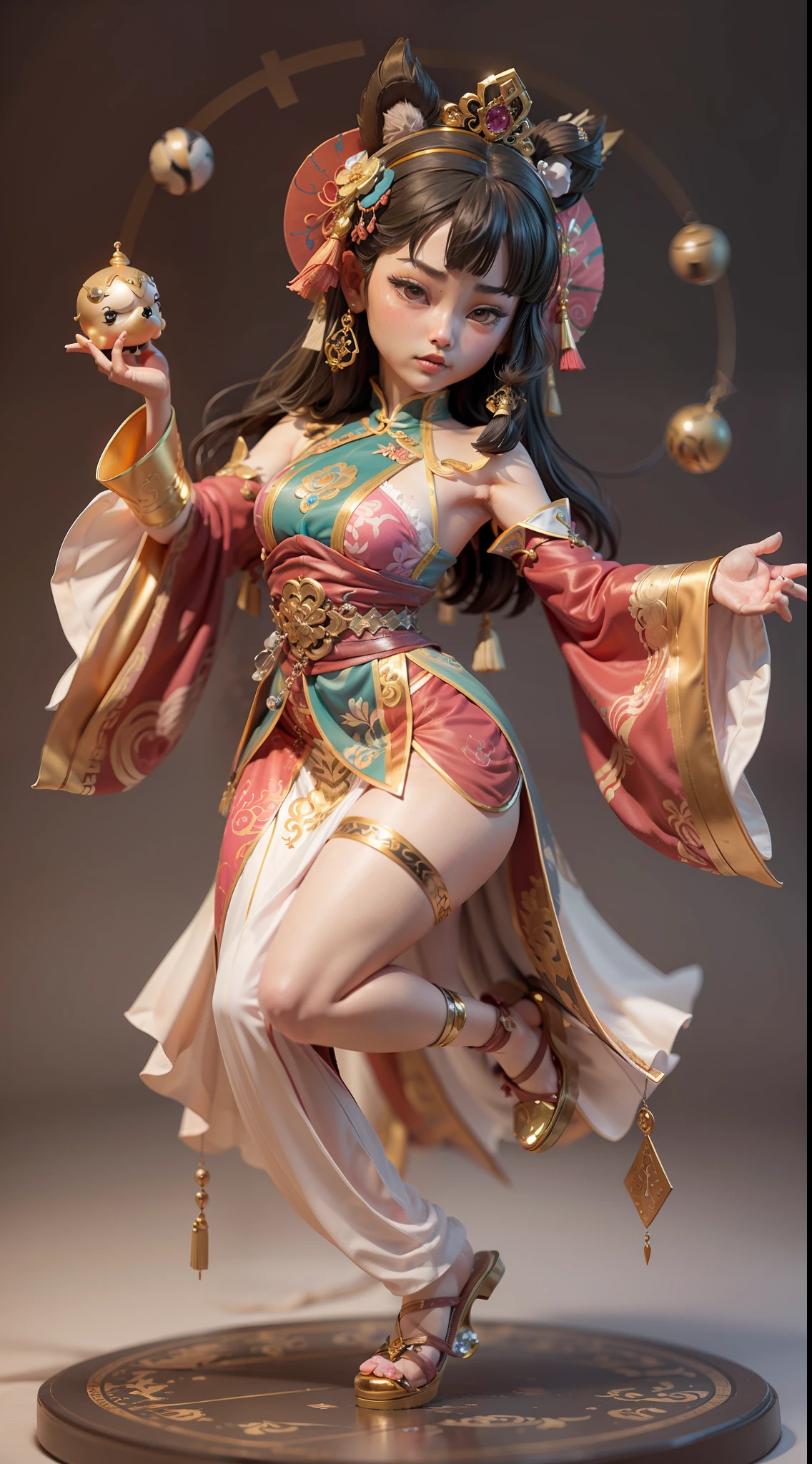 Q version of cute beautiful girl，Dumb cute，（（2 head body）），Dance，（Big eyes），Small mouth，（（（cabelos preto e longos））），A ball head，looking at me，（Chinese-style clothing，Meticulous portrayal），Palm dancer Zhao Feiyan，A small pet，Figures，blindbox，（（Colloidal material，crystal-clear，Good light transmission）），（Disney style），high qulity，high detal，（super-fine），16K resolution，（Macro lens），（（Works of masters）），（（Full body like）），（with a simple background，monotone），pink lighting，（Thick base，Graphical model basics），（Ray traching），（（In pink, White and silver predominate））