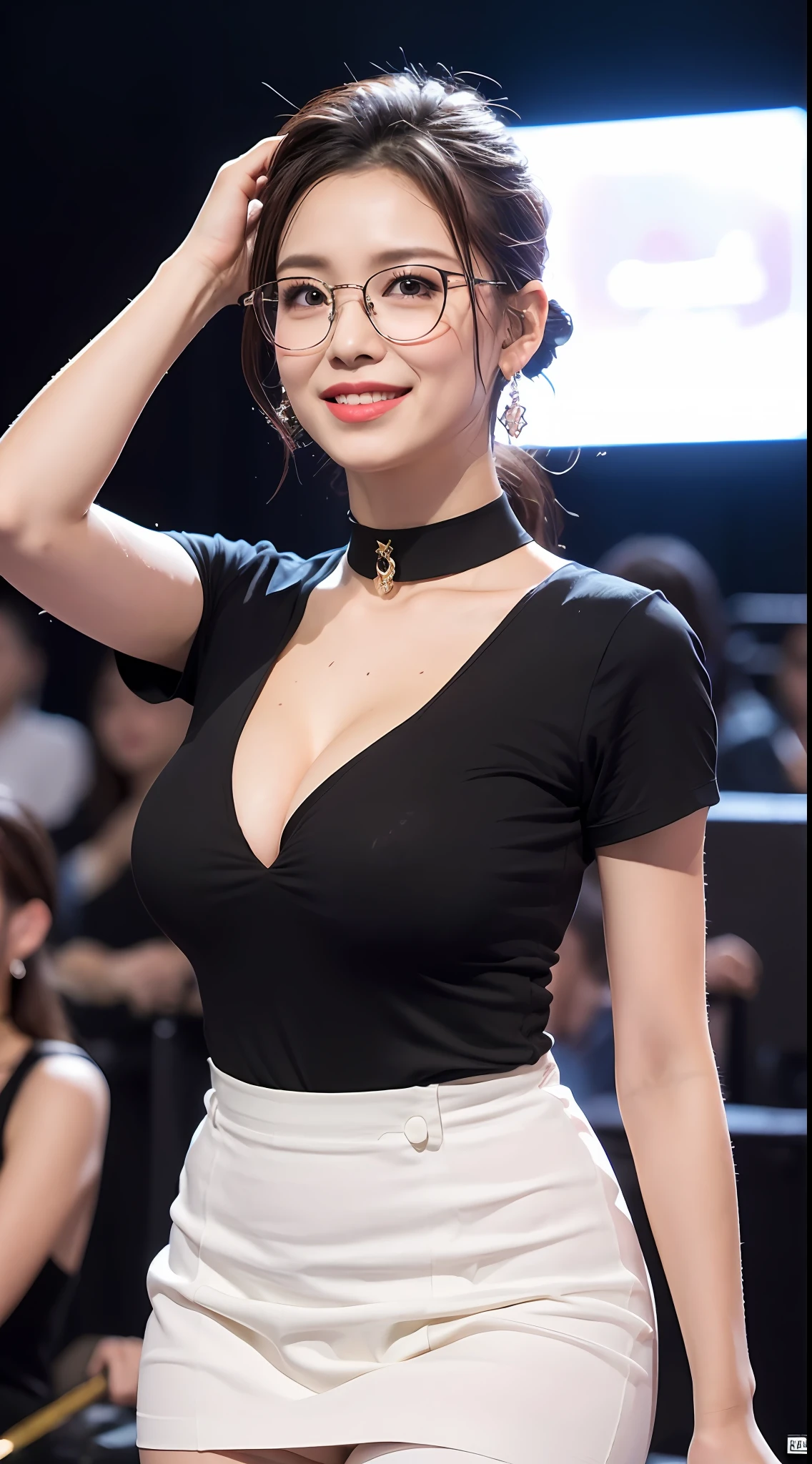 ((midnight, Need, 8K, tmasterpiece:1.3)), A whole body, Long legs, Focalors:1.2, Plump body，perfect figure beautiful woman:1.4,((Dark brown hair, huge tit:1.2 )), (Low-cut white T-shirt, Deep VT shirt，Silk stockings，Short skirt), ((concert hall，concert))，lots of people，Highly detailed facial and skin texture, A detailed eye, 二重まぶた，wears glasses，crisp breasts，Smile with，Bigger breasts, updo hair，crisp breasts，Get wet，Sweat profusely，Red lips，Hot dance，Large bust，huge tit，wearing a choker，Wear earrings，Noble beauty