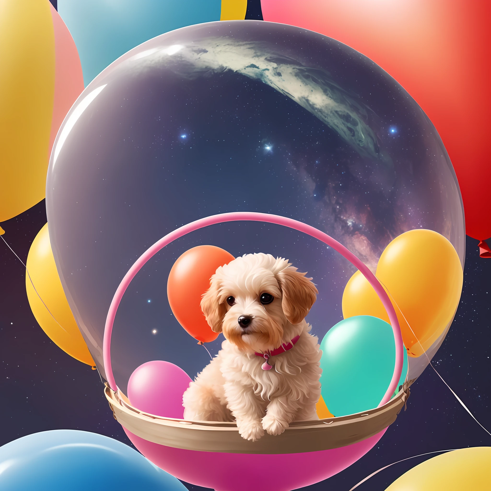 The basket says Happy 19th birthday,There was a small dog sitting in the basket,The background is a balloon, lovely digital painting, dog in a space suite, adorable digital art, as an air balloon, floats in space, Floating in outer space, Cute detailed digital art, cute colorful adorable, Beeple and Jeremiah Ketner, In outer space, Floating in space, a still of a happy,