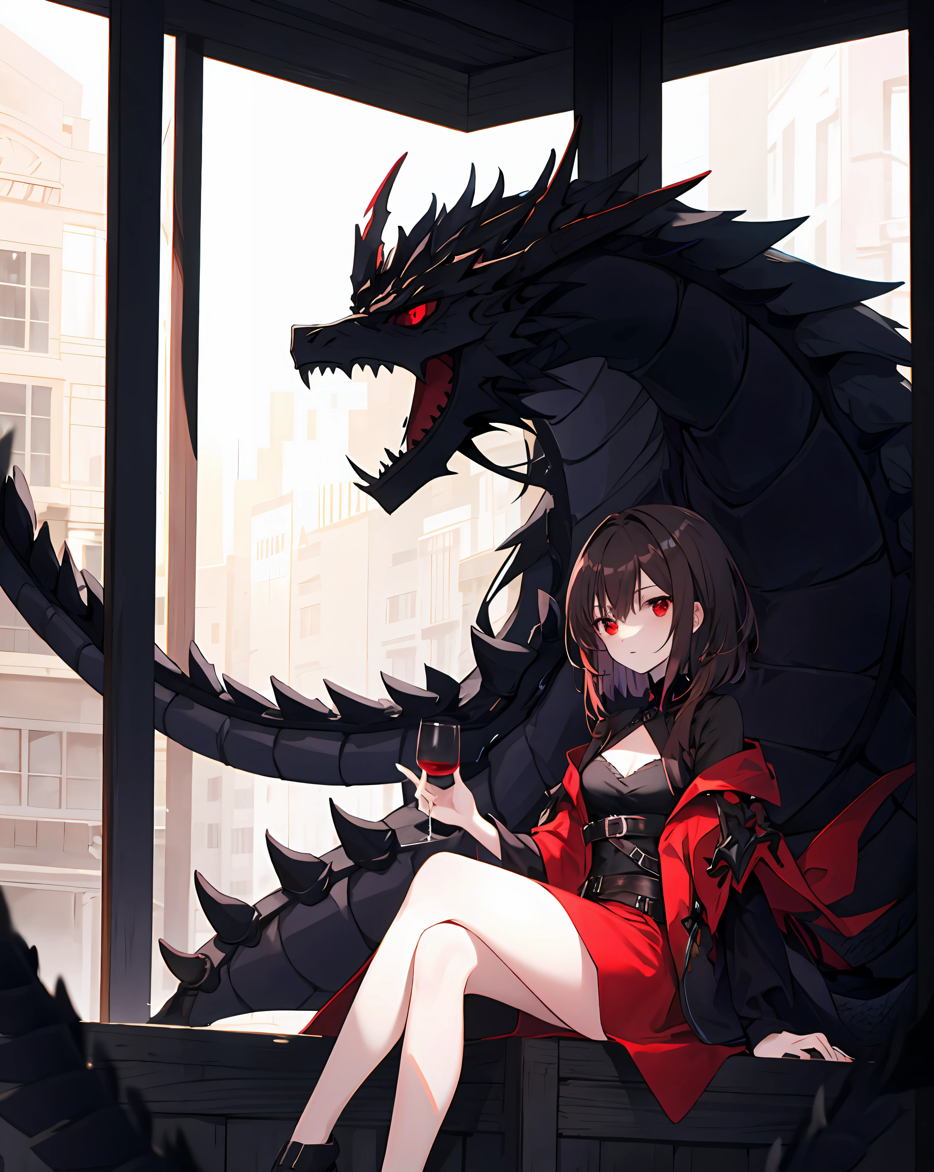 brunette color hair,Red eyes,Sitting,Western Black Dragon