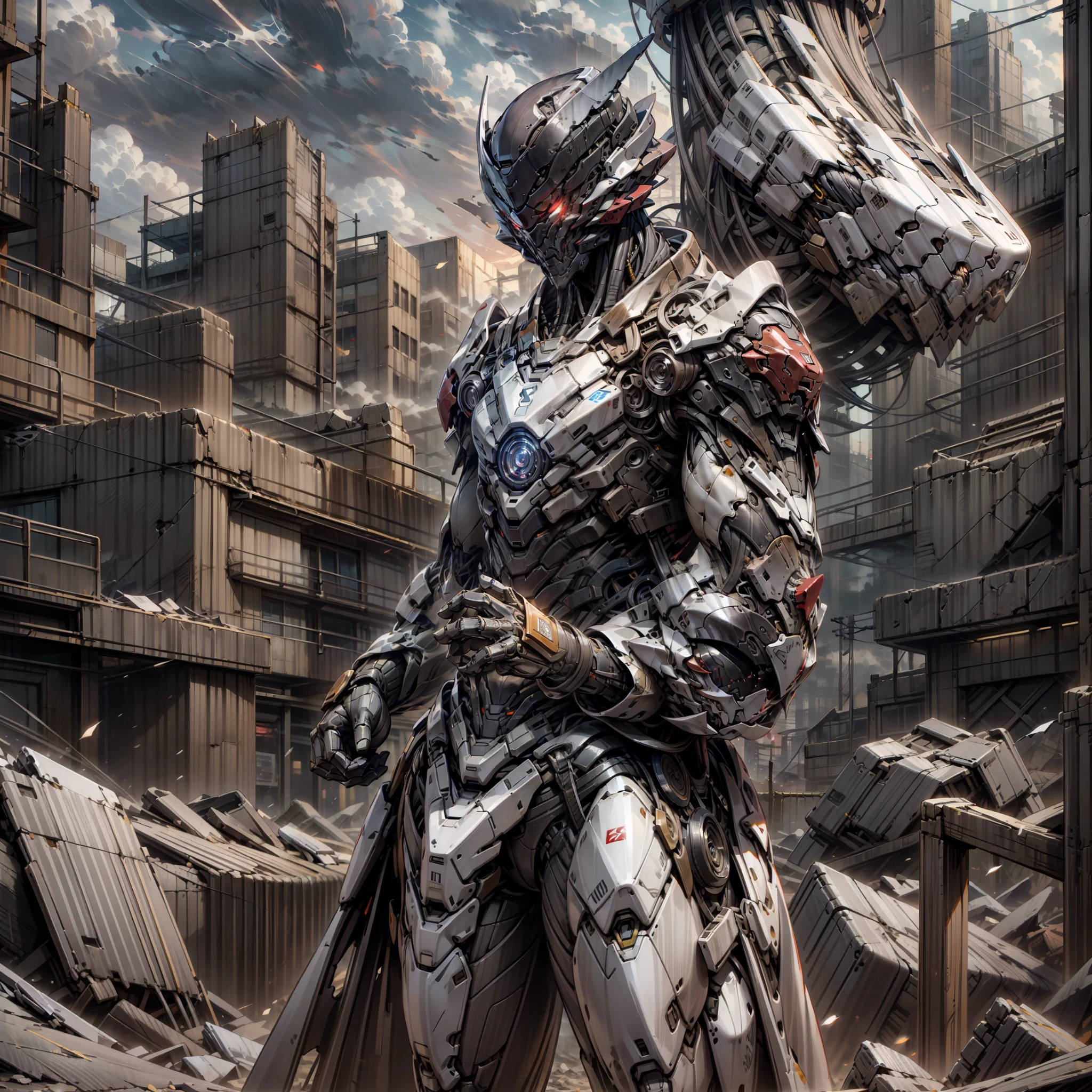 damaged city,tmasterpiece,strong contrast of light and shadow,Grey lenses,at dusk at golden hour,The color is red,Look into the distance in the midst of war,Tall than the house,photorealestic