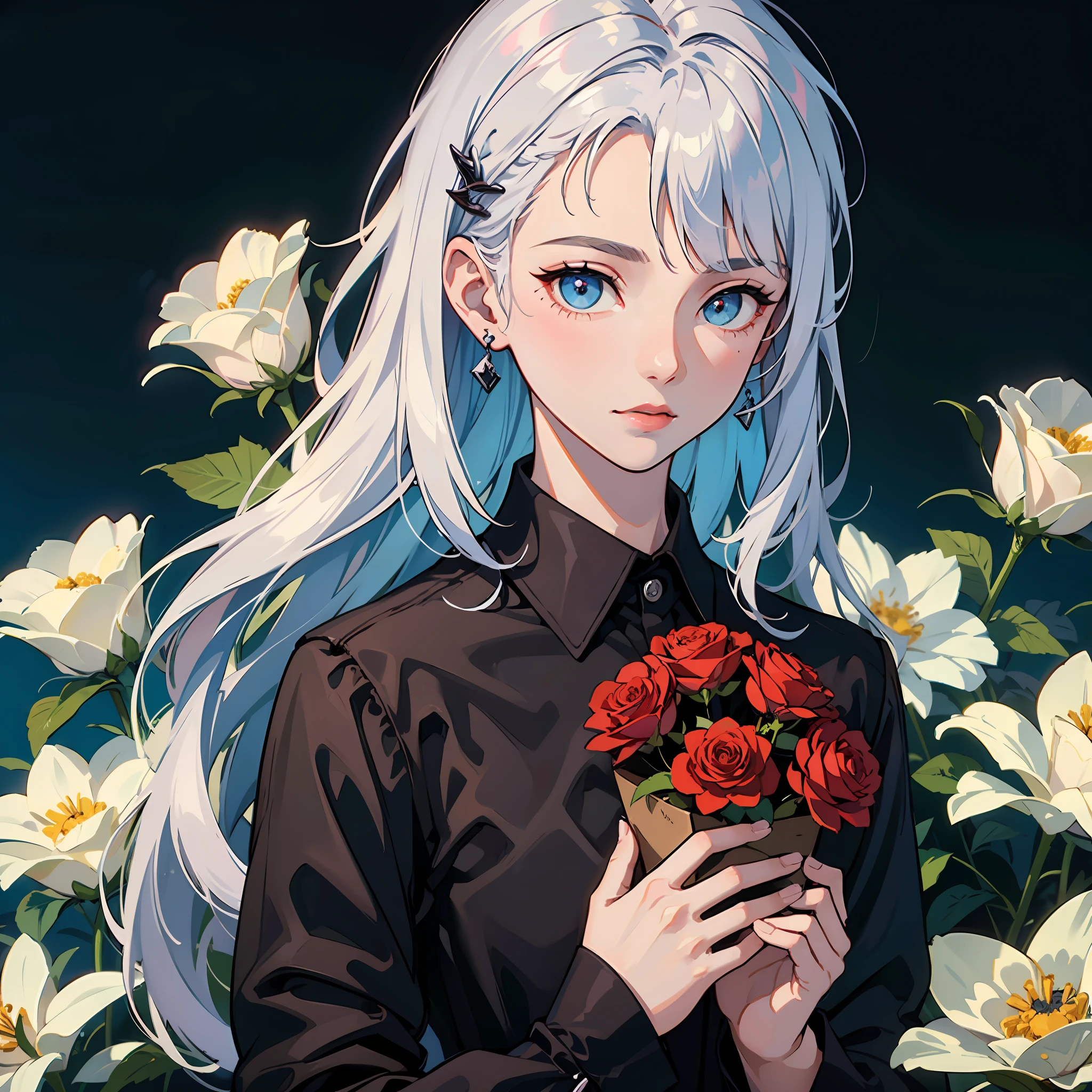 Masterpiece, high qulity，Focus, Solo, creampie, red eyes，eBlue eyes,  flower, Masterpiece Blue Rose,tiese, box, formal,shirt, Holding, Upper body, white color hair,Shade blue hair， Black shirt, Masterpiece Blue Rose, Red flower, holding flower, Specular highlights, Detailed face, Detailed eyes, With ear bone clips，Powder blue purple background，detailed fabric, Detailed skin,Extreme image quality --auto