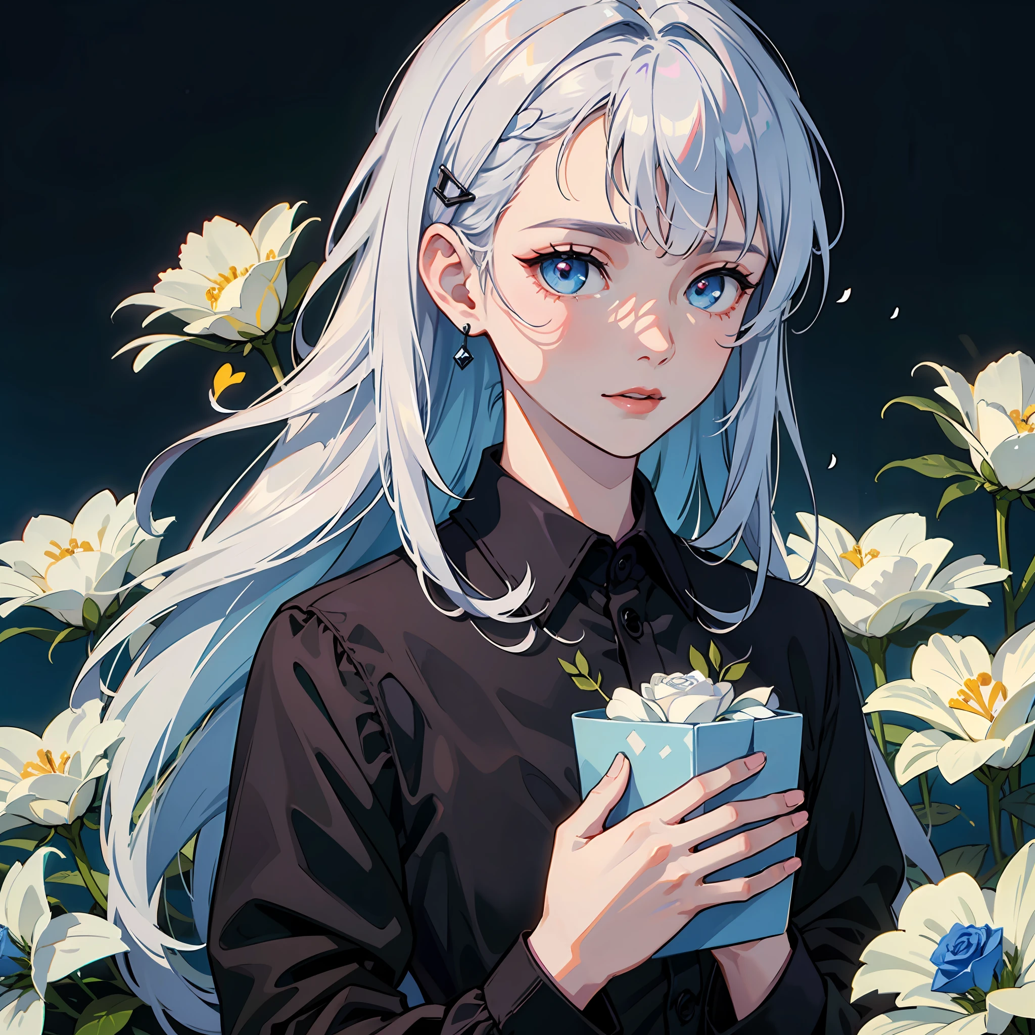 Masterpiece, high qulity，Focus, Solo, creampie, red eyes，eBlue eyes,  flower, Masterpiece Blue Rose,tiese, box, formal,shirt, Holding, Upper body, white color hair,Shade blue hair， Black shirt, Masterpiece Blue Rose, Red flower, holding flower, Specular highlights, Detailed face, Detailed eyes, With ear bone clips，Powder blue purple background，detailed fabric, Detailed skin,Extreme image quality --auto