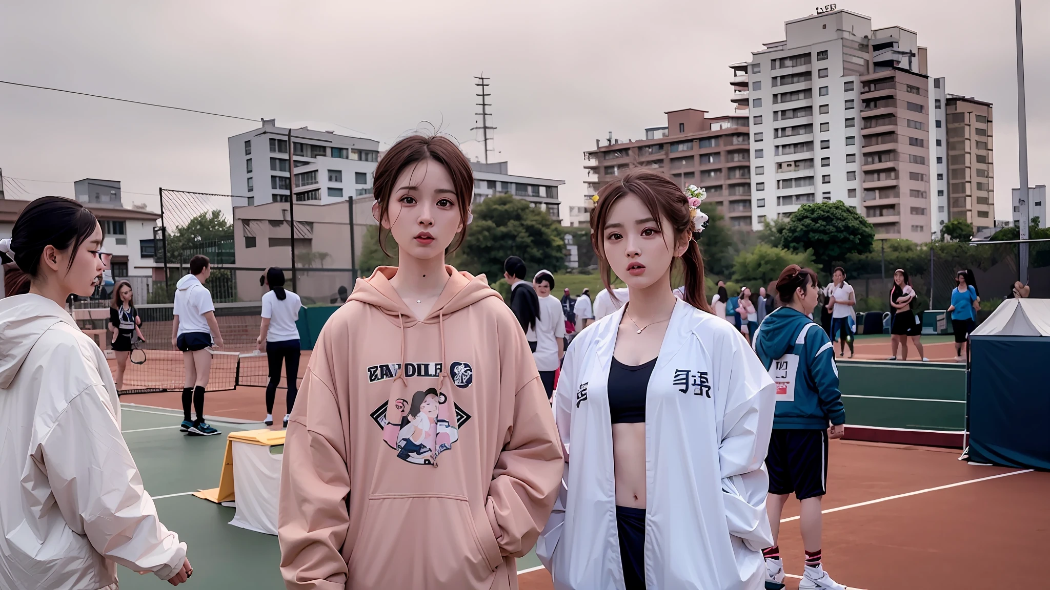 They stand on the tennis court, wearing track and field suit, Ruan Jia and Fenghua Zhong, huang yuxing and aya takano, zmonzheng, Li Zixin, wearing a pastel pink hoodie, yiqiang and shurakrgt, jinyiwei, Chen Zezhou, photo 8 k, wenjun lin