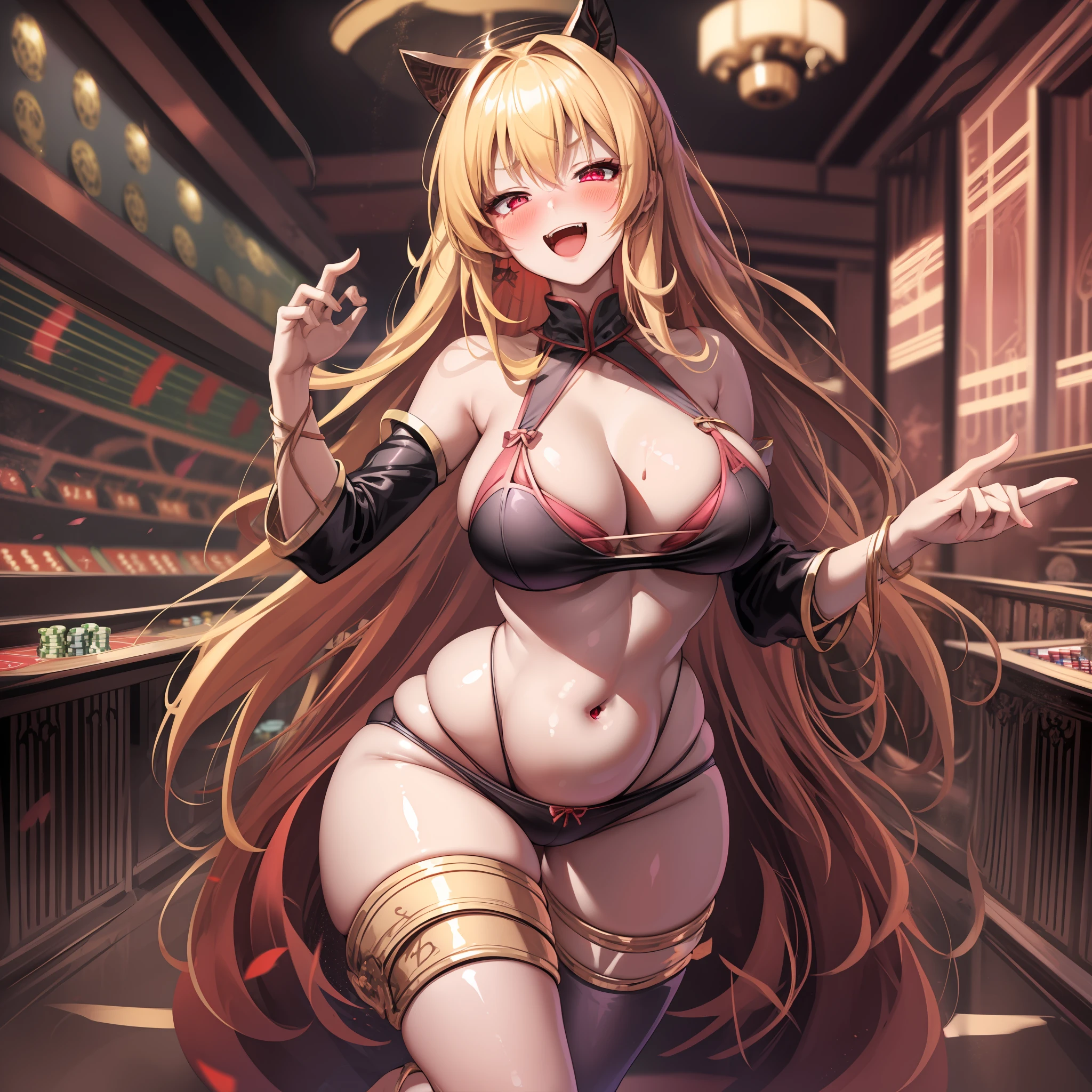 very long hair, golden hair, red_eyes, bangs, straight hair, inside the casino, casino table, looking down on the viewer, big, full body, crazy eyes, insane, wide open eyes, glowing eyes, shiny lips, blush, satisfied look, sexually aroused, obsessive look, crazy look, adult,, blond, girl in underwear, single girl, solo, sensational face, sloppy look, Evil smile, crazy smile, bewitching face, blush, black bra, black panties, estrus, lustful expression, legs open, yandere face, ahe face, plump, open mouth, naughty expression, woman wearing only underwear, plump body, crazy smile, blushing face, blushing cheeks, blushing cheeks