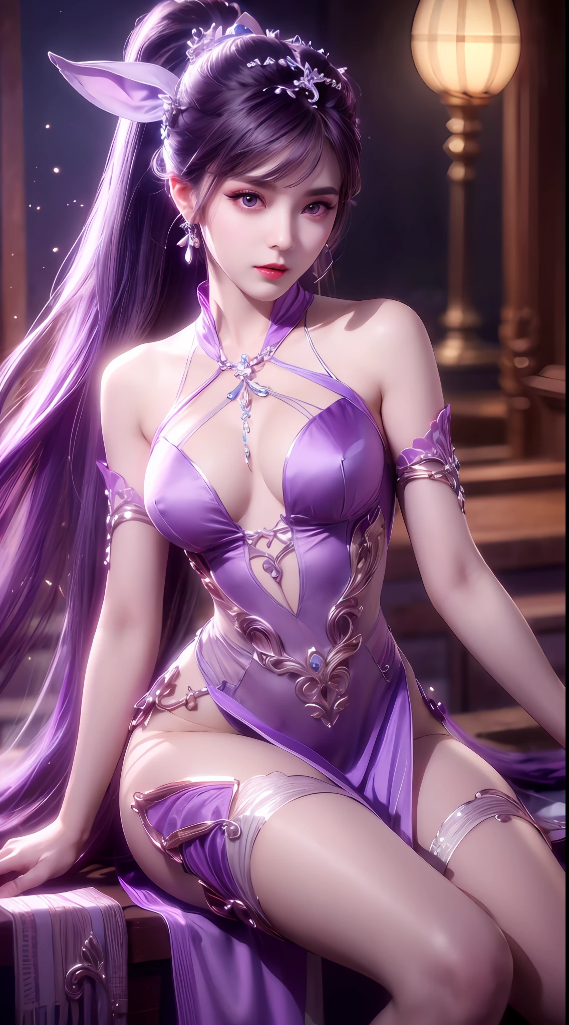 1 very beautiful girl in hanfu dress, thin purple silk shirt with many white motifs, white lace top, long bangs and long ponytail in purple platinum, gorgeous hair jewelry, pretty face and cute, flawless face, earring jewelry, light purple bunny ears, neck jewelry, big purple eyes drawn meticulously, meticulous makeup, thin eyebrows, high nose, red lips pretty, no smile, pursed lips, rosy cheeks, wide breasts, big breasts, well-proportioned bust, slim waist, purple mesh socks, Chinese hanfu style, fictional art patterns, vivid colors and legs real , RAW photo, realistic photo, ultra high quality 8k surreal photo, (fantasy light effect: 1.8), 10x pixels, magic effect (background): 1.8), super detailed eyes , beautiful girl upper body portrait, girl alone, ancient hanfu background, looking directly at the audience, wide original photo, 8k quality, super sharp, most detailed and clear picture, detailed light background,
