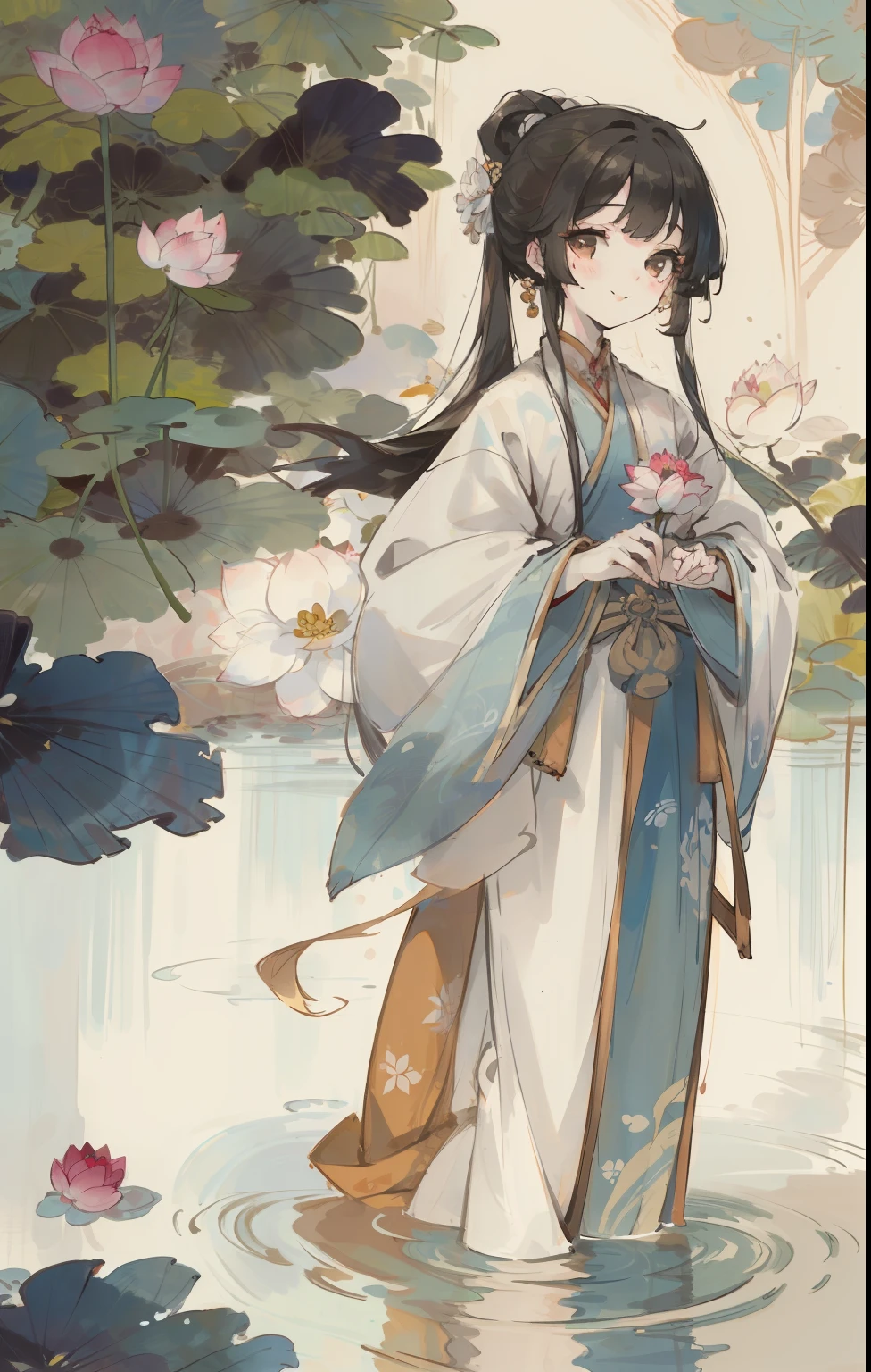 ((4k,masterpiece,best quality)), shuimobysim, Chinese painting, lotus, hanfu, maxiskit, dress conservatively 1girl, solo, long hair, smile, standing, feet in water, barefoot,