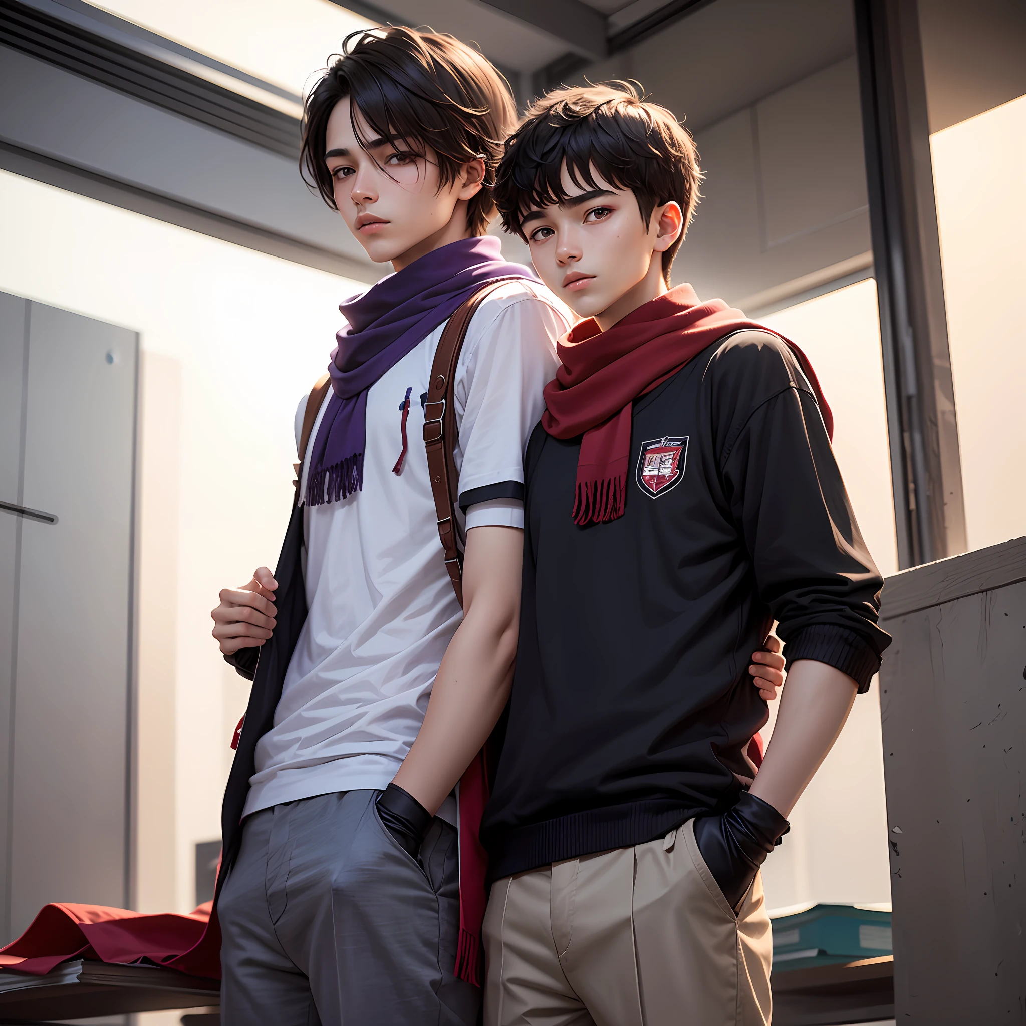 schoolboy，young 17 years old，179cm，cabelos preto e longos，Just cover one eye，Wear fingerless gloves，Hanging from a purple and white scarf，red blous，Black short sleeves，Gray trousers --auto