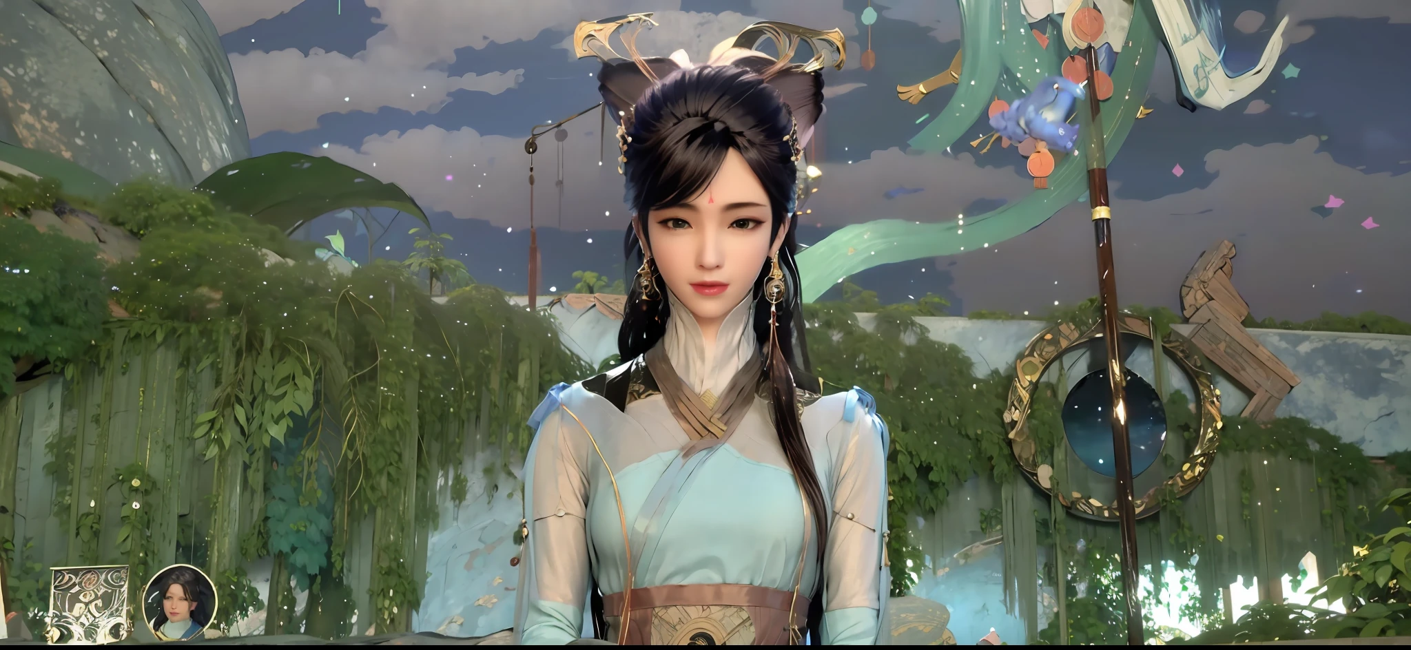 There was a woman in a blue dress,Carrying a bird on his shoulder, a beautiful fantasy empress, inspired by Sim Sa-jeong, Inspired by Lan Ying, inspired by Luo Mu, Inspired by Huang Ji, full-body xianxia, ((a beautiful fantasy empress)), inspired by Park Hua, inspired by Li Mei-shu, Inspired by Qiu Ying