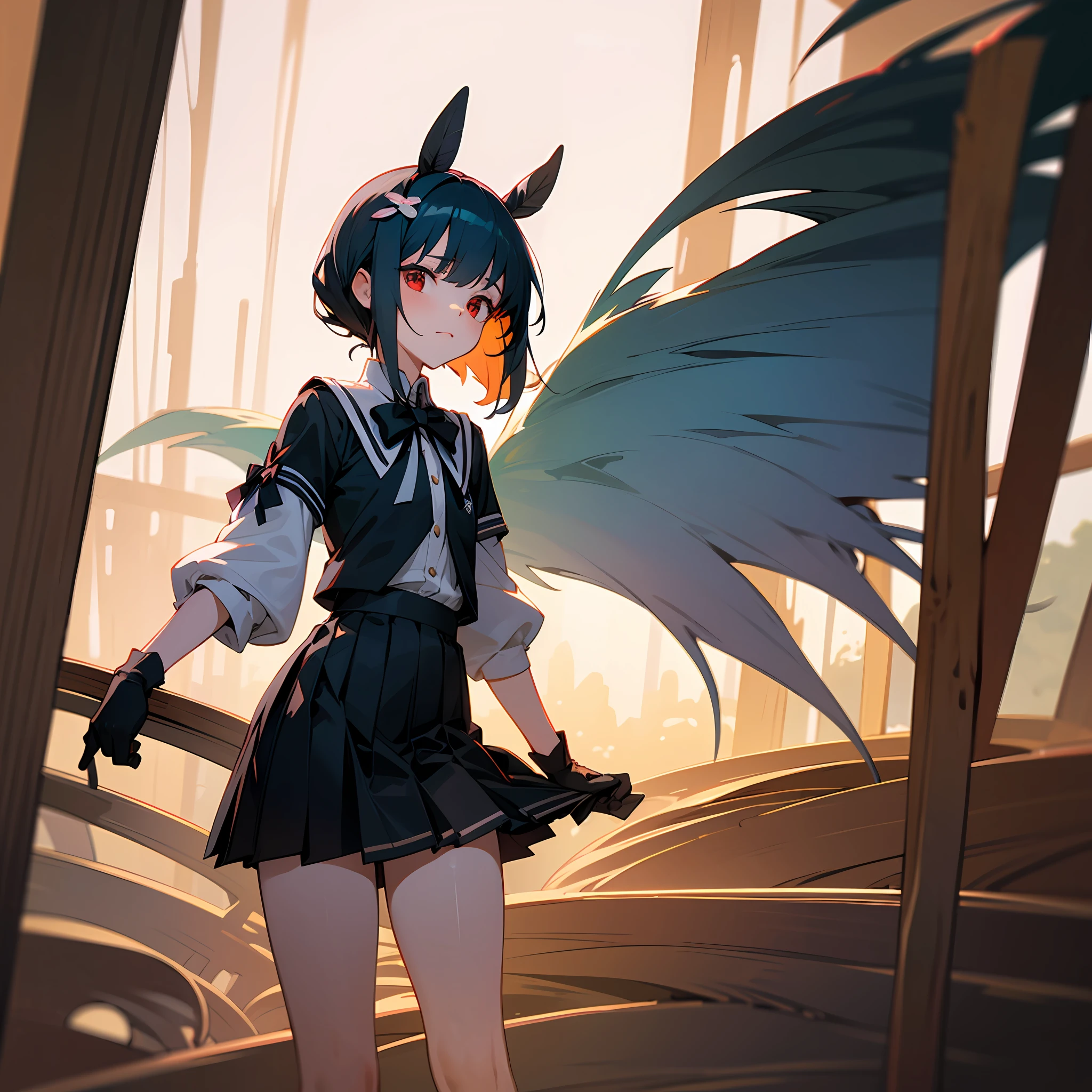 tmasterpiece, Best quality at best, A high resolution, red eyes,dual horsetail ,Clothing cutting, longer sleeves, The shirt, Black bow, Feather ornament, white thighhig, black glove, Black pleated skirt, cowboy photo, standing on your feet, Raised skirt, Black panty, Rinse your nose, exteriors --auto
