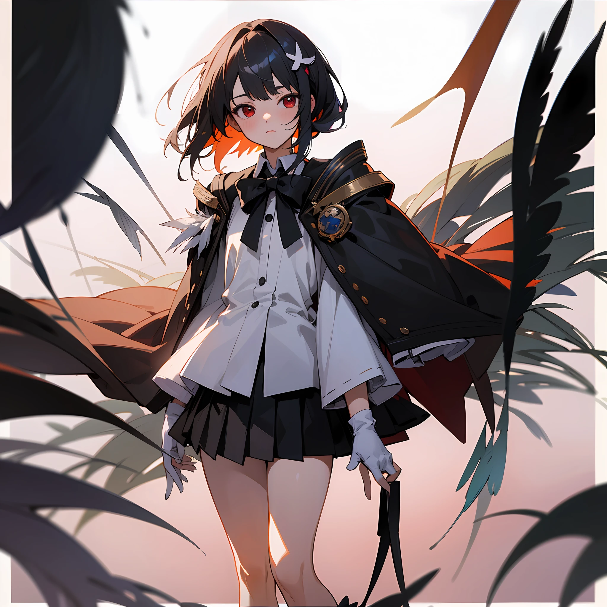 tmasterpiece, Best quality at best, A high resolution, red eyes,dual horsetail ,Clothing cutting, longer sleeves, The shirt, Black bow, Feather ornament, white thighhig, black glove, Black pleated skirt, cowboy photo, standing on your feet, Raised skirt, Black panty, Rinse your nose, exteriors --auto