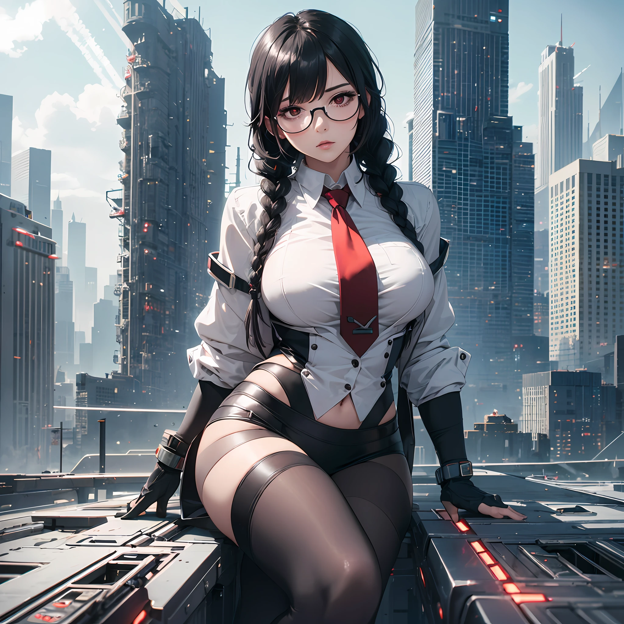 1girll，Black color hair，Twist braids，Qi bangs，red pupils，Round glasses，beauitful face，crisp breasts，Convex buttocks，in a white shirt，red necktie，Black suit，White heels，There are floating missile-launching weapons on the sides of the body，sci-fy，cyber punk perssonage，perfectly proportioned, Cinematic lighting, filmgrain, Fuji colors, lightand shade contrast, 8K, 巨作, Textured skin, Super detail, high detal, High quality, A high resolution,