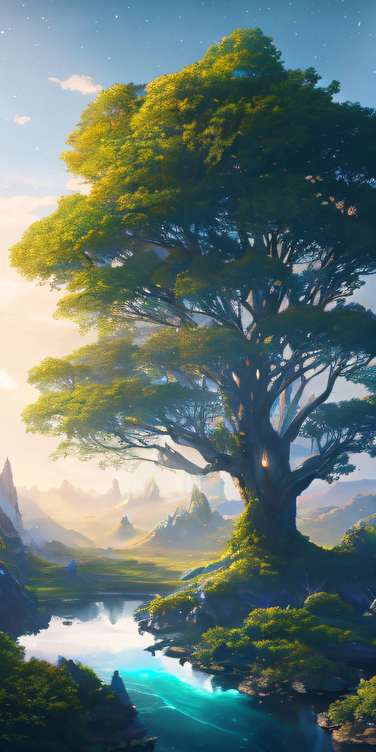 Illustration of a hyperrealistic , otherworldly, ultrasky scene featuring a giant crystal tree full body,very detailed and magical lighting, intricate forest details, vegetation and river around, solarpunk ,landscape, giant tree, beatifull leafy with beautiful lighting and realistic proportions, as if it were a cinematic background, 8k, highest quality, masterpiece, clouds and stars in the sky.