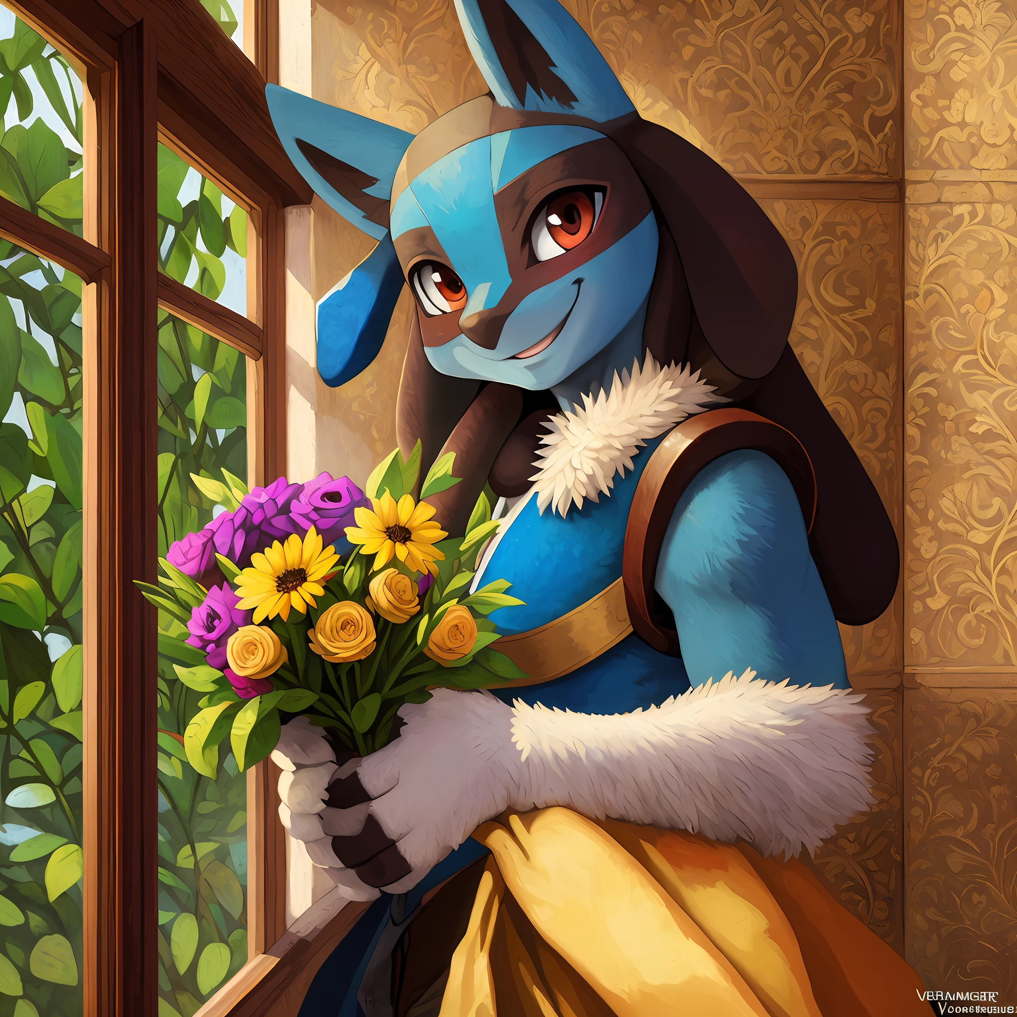 top quality, high-quality illustrations by Vermeer((masterpiece))absurdres, Perfect Anatomy, Lucario, solo focus, single, cowboy shot((dramatic))epic, holding a bouquet, indoor, illuminated by the light streaming through the window, bashful smile, shyly, smile, looking at view,