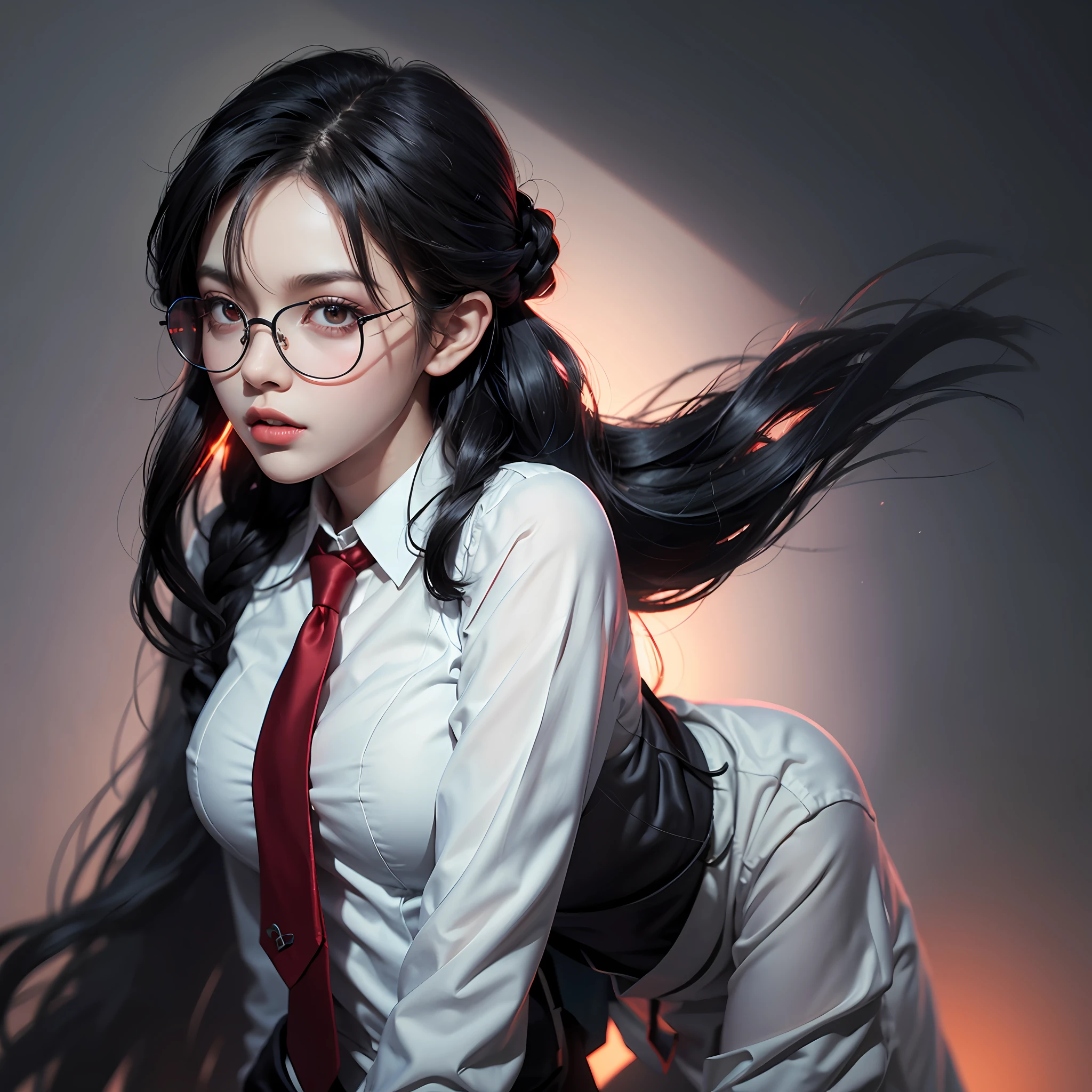 1girll,Black color hair,Twist braids,Qi bangs,red pupils,Round glasses,beauitful face,crisp breasts,Convex buttocks,in a white shirt,red necktie,Black suit,White heels,There are floating missile-launching weapons on the sides of the body,sci-fy,cyber punk perssonage,perfectly proportioned, Cinematic lighting, filmgrain, Fuji colors, lightand shade contrast, 8K, 巨作, Textured skin, Super detail, high detal, High quality, A high resolution,