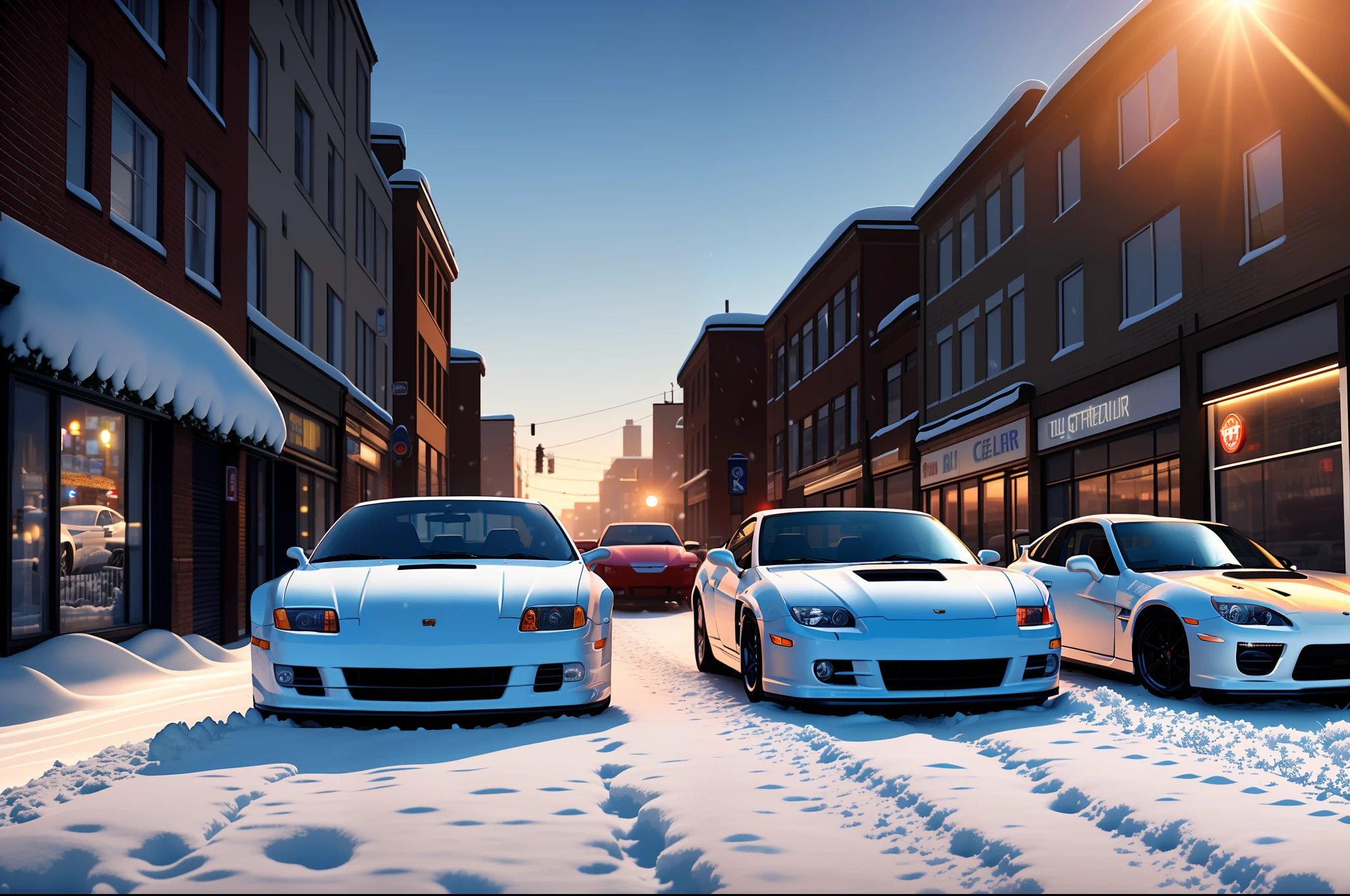 300ZX, Vette, Porsche Turbo, Toyota Celica, Mitsubishi Lancer Evo, Subaru Impresa WRX, Mazda RX-7 FC, Ford Focus, Nissan GTR R34, Honda Integra Type R DB8, sports car parked on a town covered with snow in winter in a (city:1.3), fall, global illumination, volumetric lighting, best quality, highly detailed, cgi, illustration, octane render