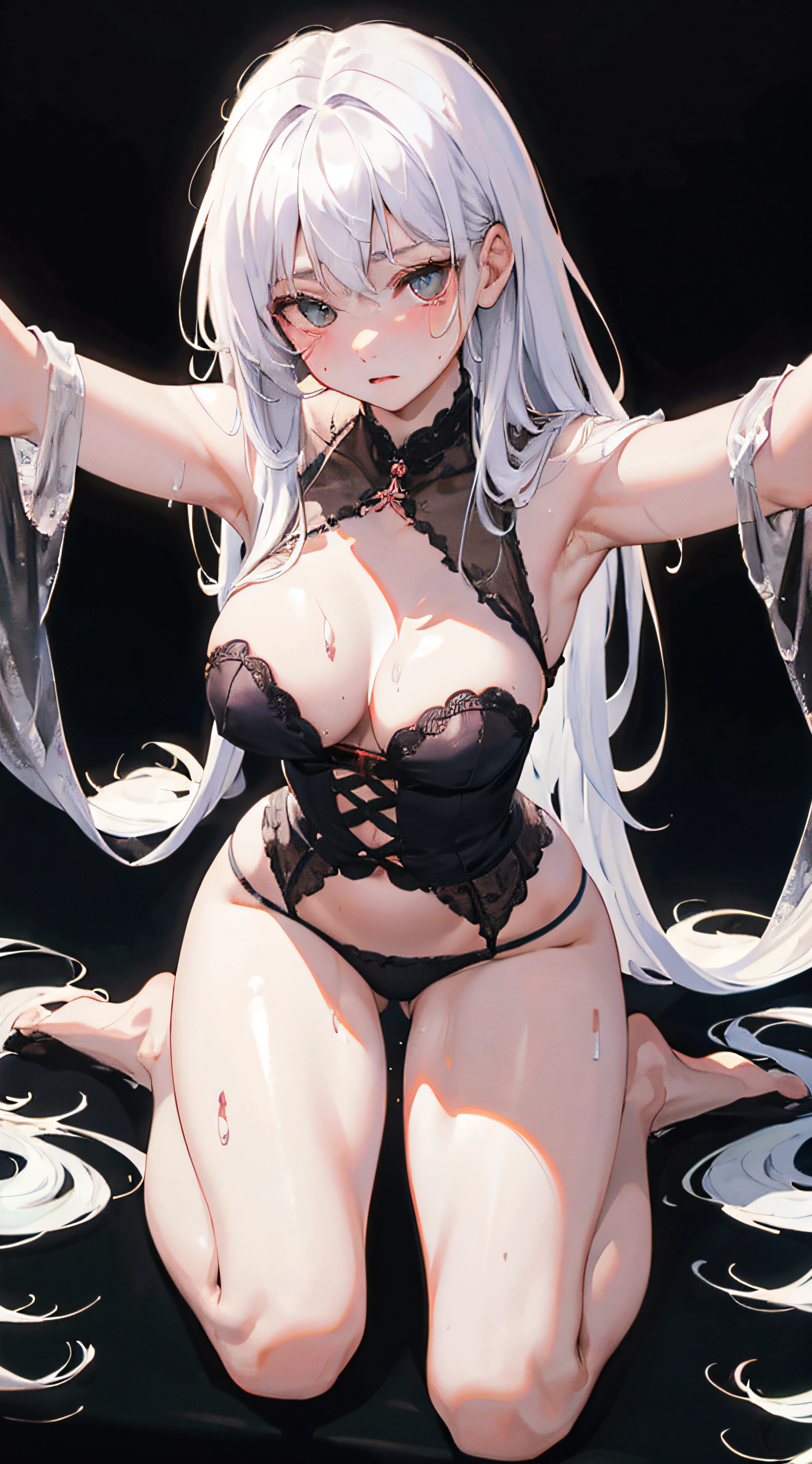 ​masterpiece、no blemishes、perfect bodies、、White hair、Vampires、young body、Transparent underwear、Only underwear、Look up at me on my lower knees、juicy lower body、juicy、show through、arms in arms、Sweaty、according to、sodden、