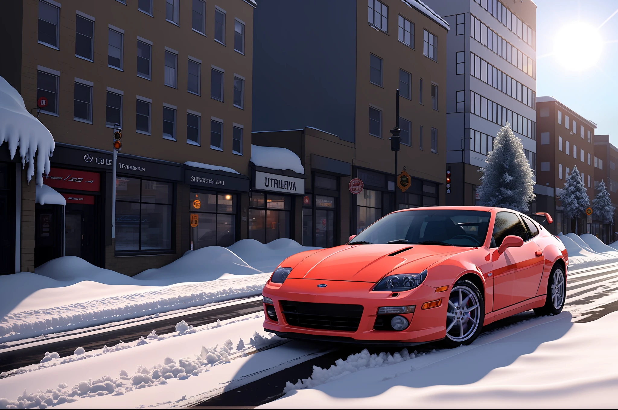 300ZX, Vette, Porsche Turbo, Toyota Celica, Mitsubishi Lancer Evo, Subaru Impresa WRX, Mazda RX-7 FC, Ford Focus, Nissan GTR R34, Honda Integra Type R DB8, sports car parked on a town covered with snow in winter in a (city:1.3), fall, global illumination, volumetric lighting, best quality, highly detailed, cgi, illustration, octane render