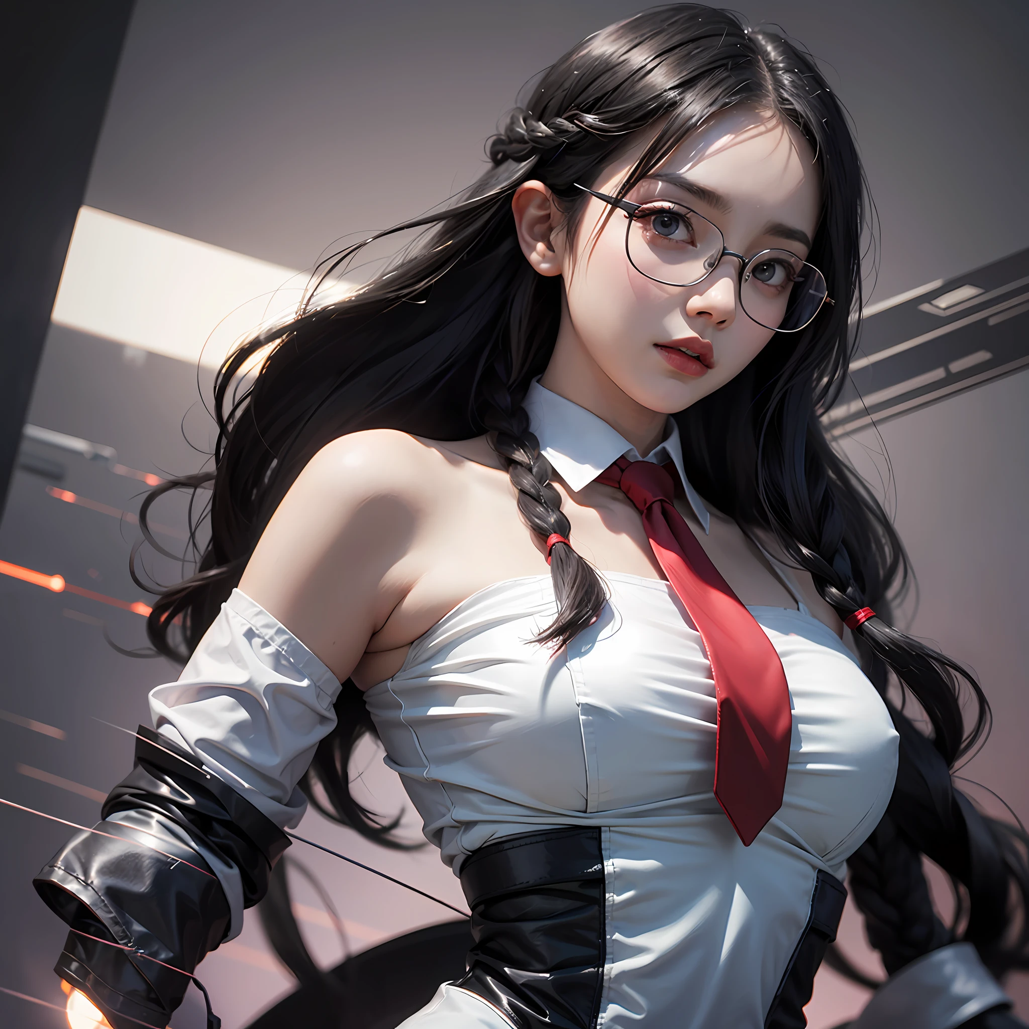 1girll,Black color hair,Twist braids,Qi bangs,red pupils,Round glasses,beauitful face,crisp breasts,Convex buttocks,in a white shirt,red necktie,Black suit,White heels,There are floating missile-launching weapons on the sides of the body,sci-fy,cyber punk perssonage,perfectly proportioned, Cinematic lighting, filmgrain, Fuji colors, lightand shade contrast, 8K, 巨作, Textured skin, Super detail, high detal, High quality, A high resolution,