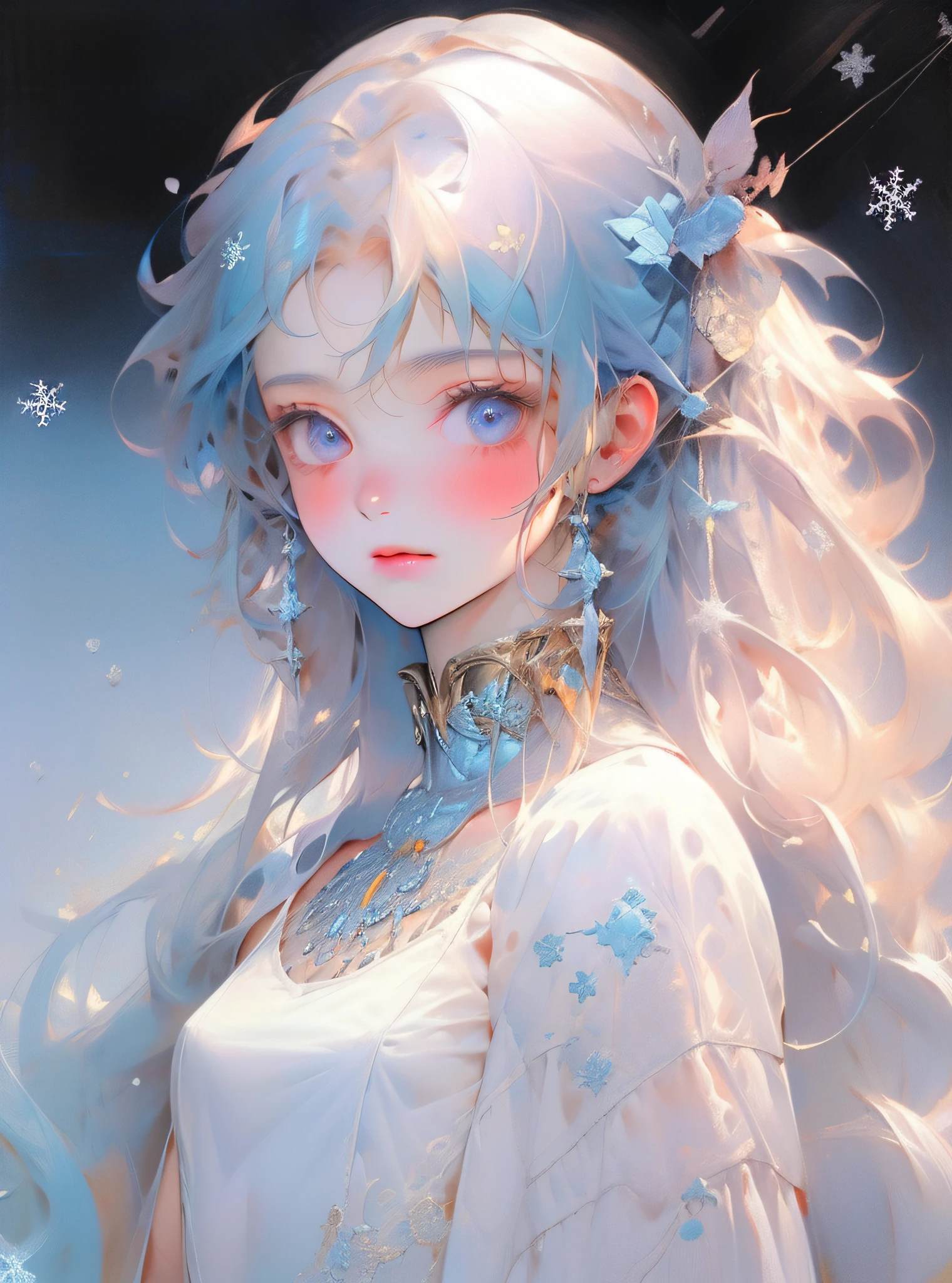 1girll,Genie style,blue hairs,Ball head,(ssmile:0.98),Cute Genie style,Deep V-neck sexy dress,Opaque clothes,Modern and trendy clothing,DEEP-V COLLAR,Lace,Sexy clothes,Best picture quality,Top masterpiece,High- sharpness,8 k wallpaper,flatchest,There are several blue snowflakes hanging on the head,Blue snowflakes,Chest dysplasia,The chest is super small,white backgrounid,The protagonist occupies the proportion of the picture: 0.6