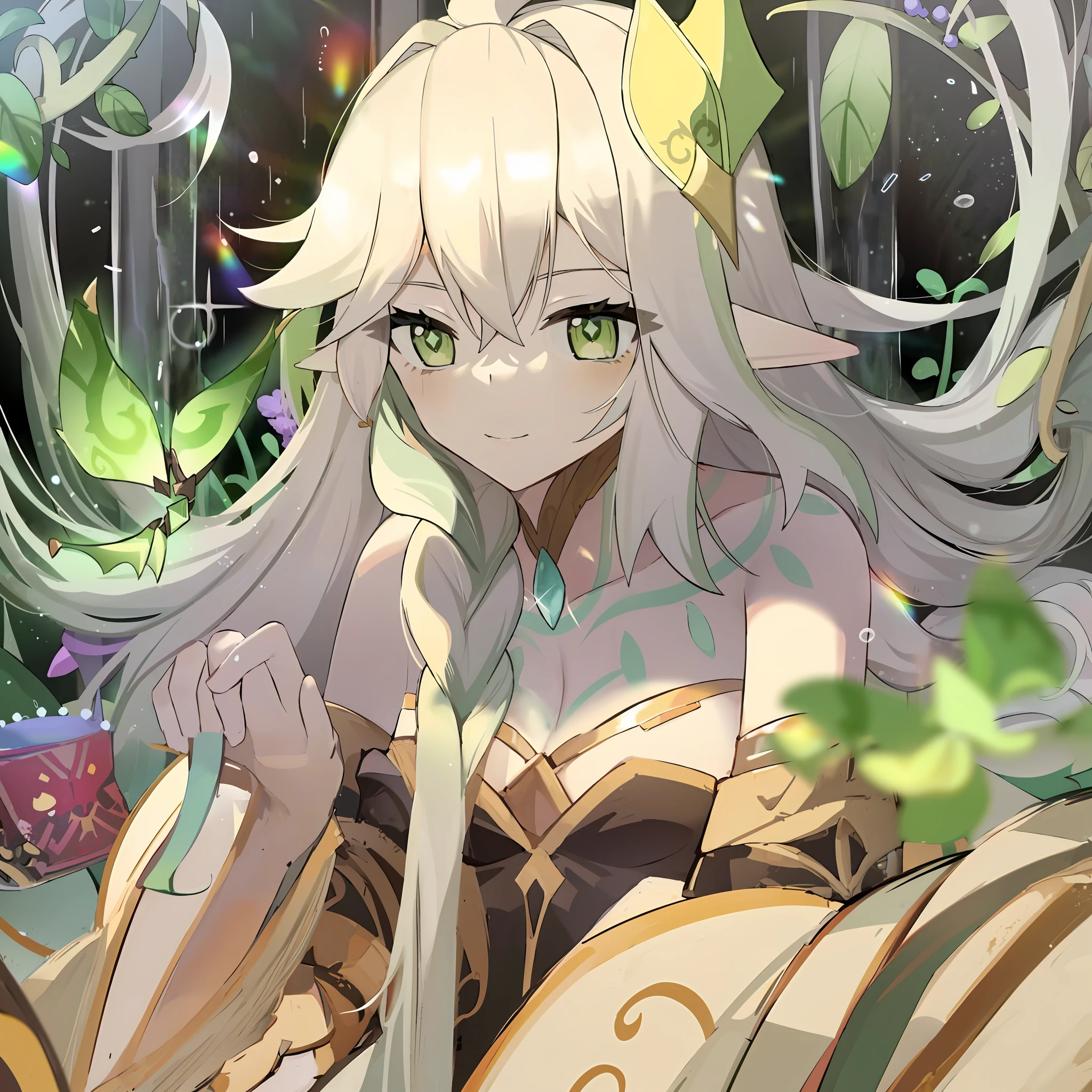 Anime girl with long white hair and green eyes in the forest, anime visual of a cute girl, fey queen of the summer forest, Elf Girl, elf girl wearing an flower suit, High Quality Anime Art Style, beautiful fantasy anime, Portrait Chevaliers du Zodiaque Fille, ethereal anime, anime in fantasy style, Ayaka Genshin impact, Anime goddess