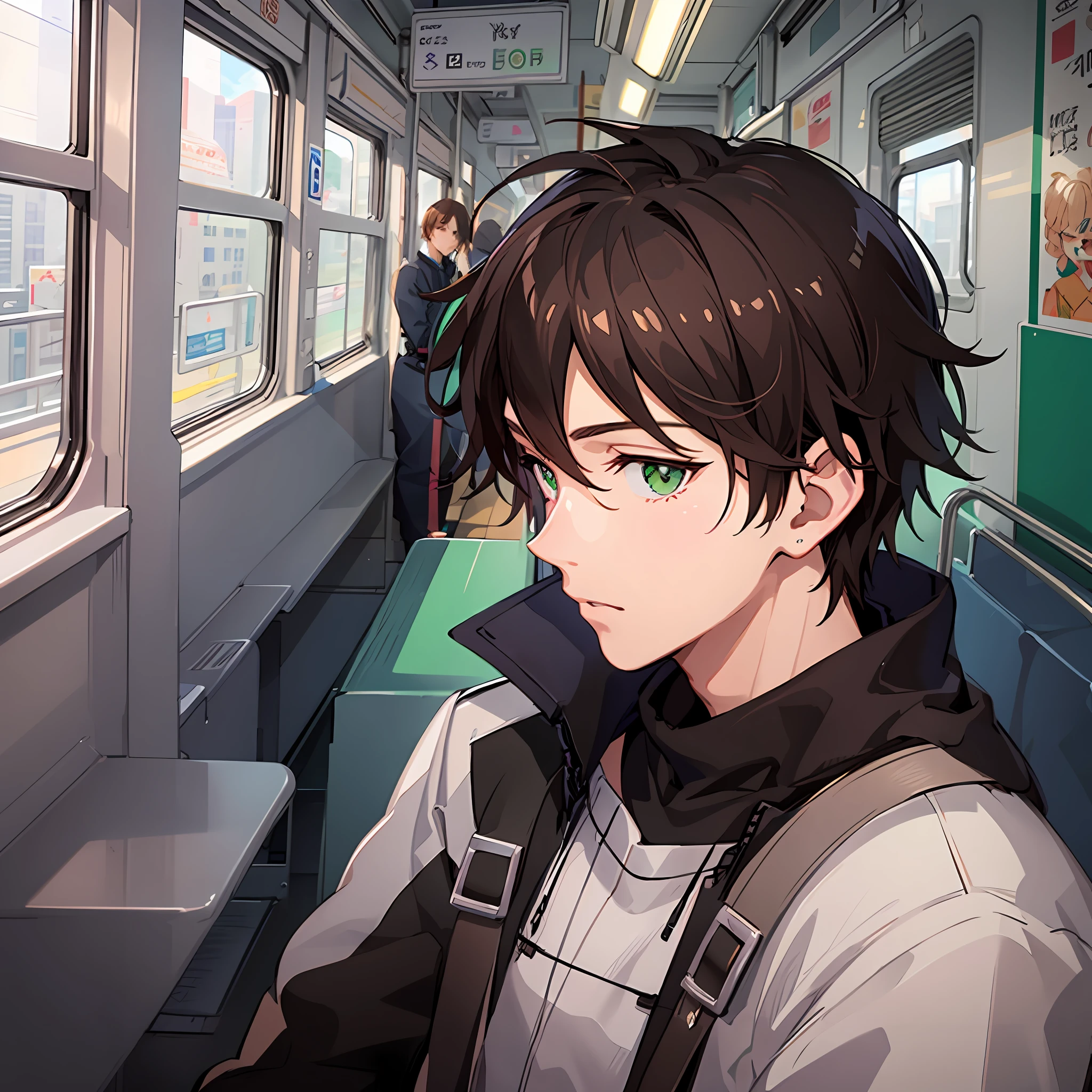 Detailed digital anime art,Brown-haired boy,sideface,clear green eyes,long eyelasher,The sun shines on the tip of his nose,He leaned back in the train seat