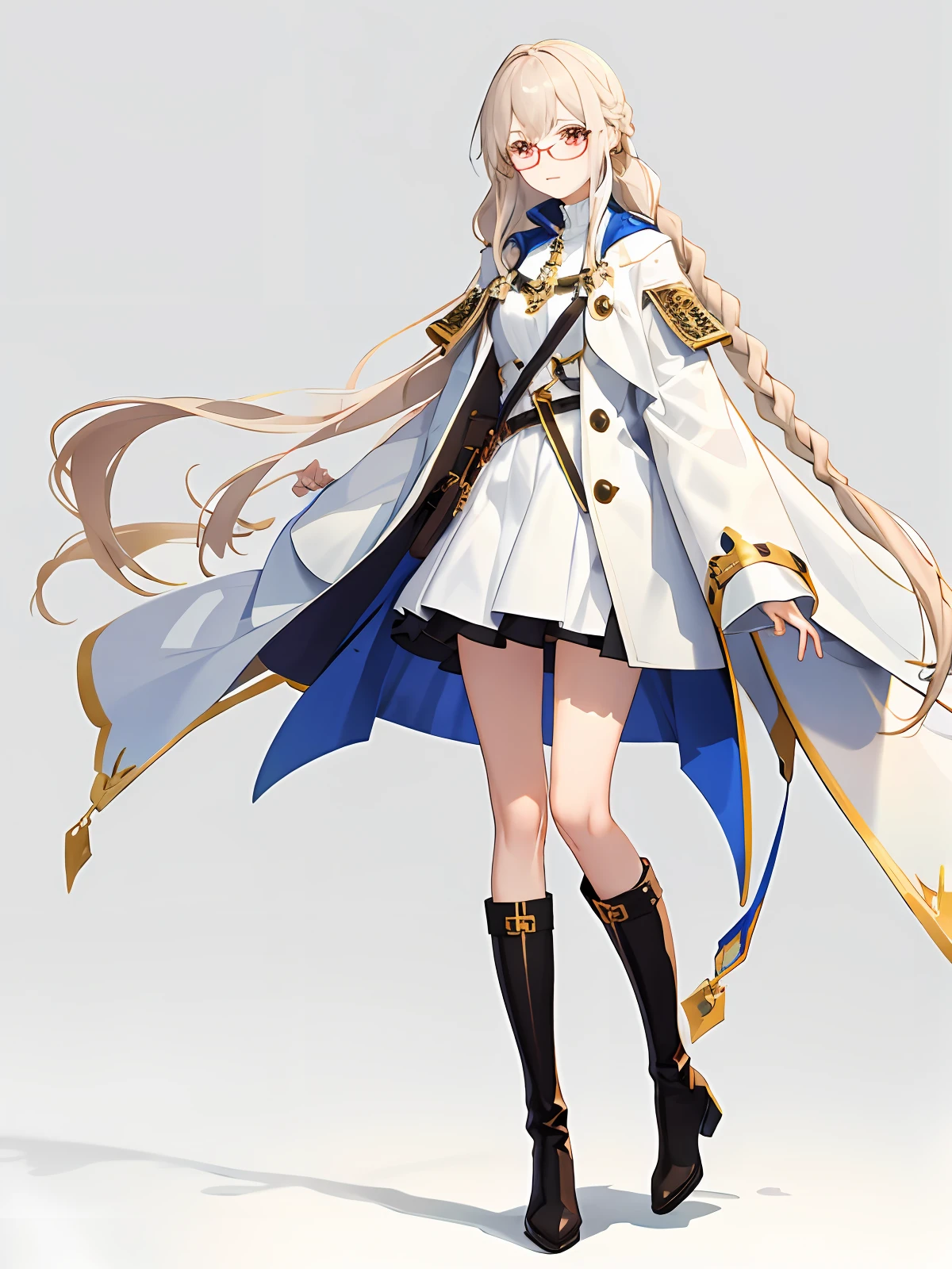 Manteau blanc,white skinned,Red eyes,long braid,whaite hair,Long boots,Large-rimmed glasses in gold,Need